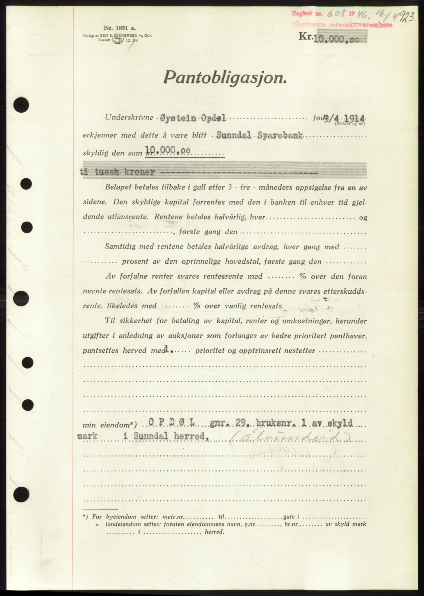 Nordmøre sorenskriveri, SAT/A-4132/1/2/2Ca: Pantebok nr. B93b, 1946-1946, Dagboknr: 608/1946