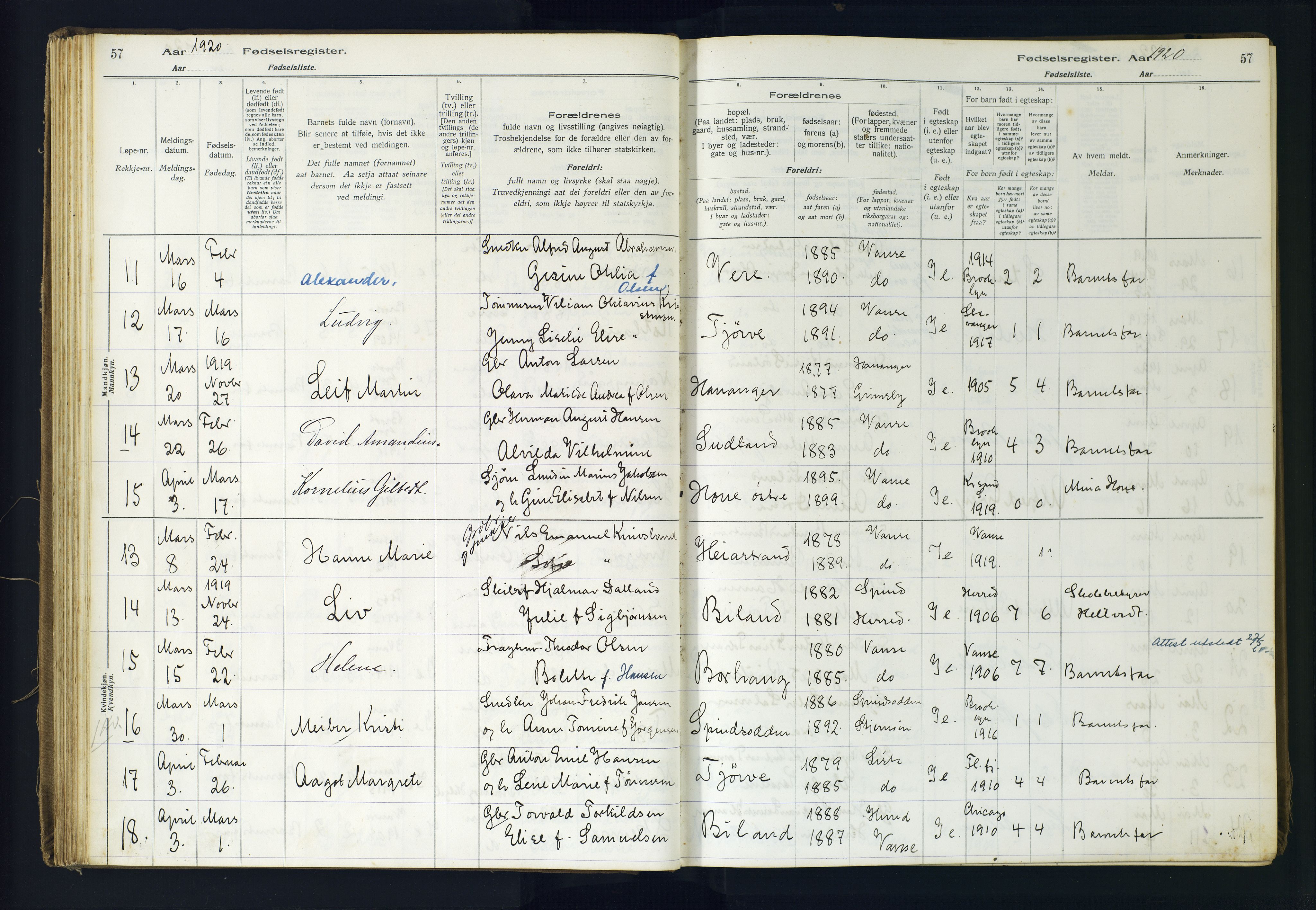 Lista sokneprestkontor, SAK/1111-0027/J/Ja/L0001: Fødselsregister nr. A-VI-30, 1916-1934, s. 57