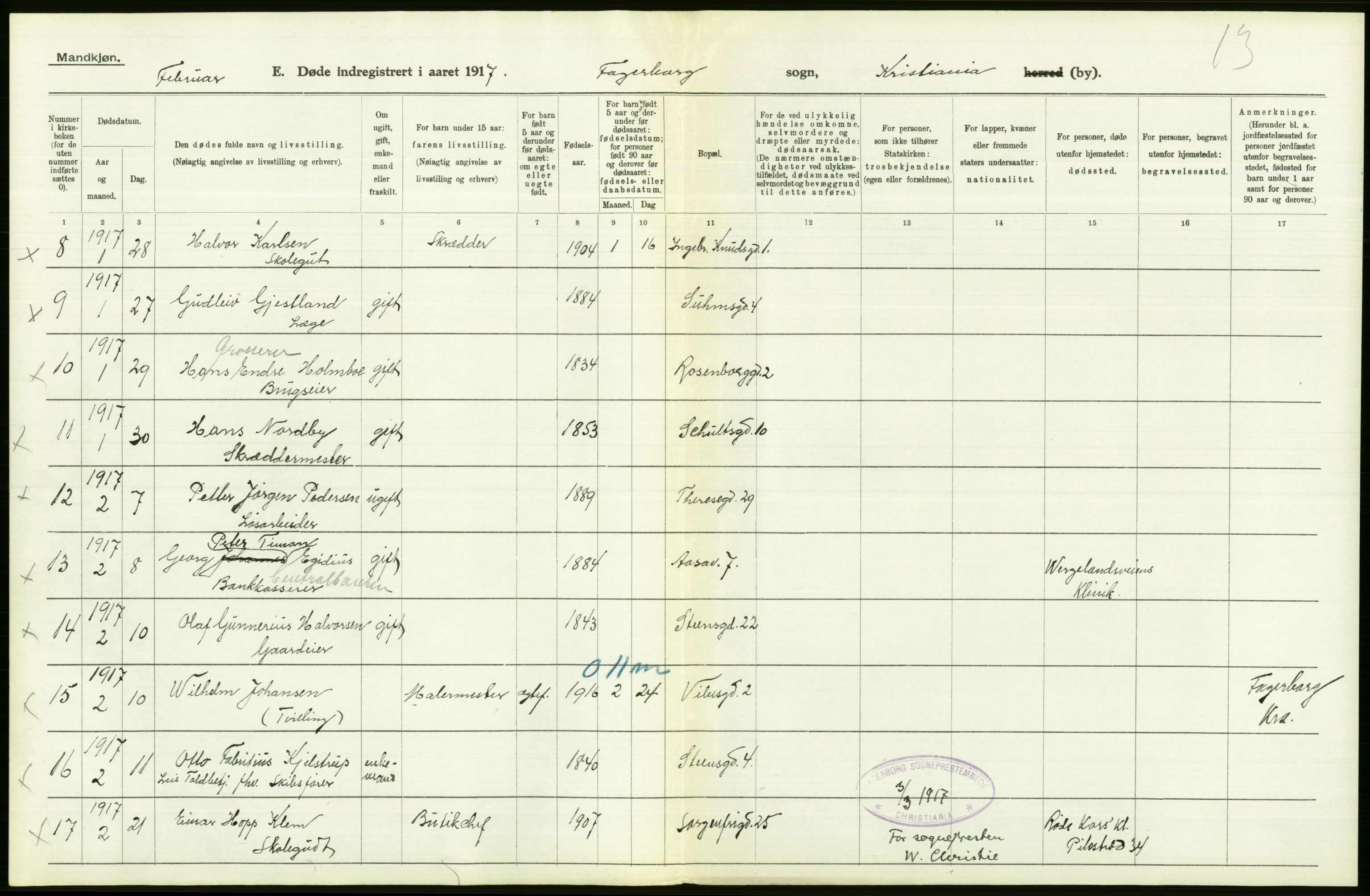 Statistisk sentralbyrå, Sosiodemografiske emner, Befolkning, AV/RA-S-2228/D/Df/Dfb/Dfbg/L0010: Kristiania: Døde, 1917, s. 410