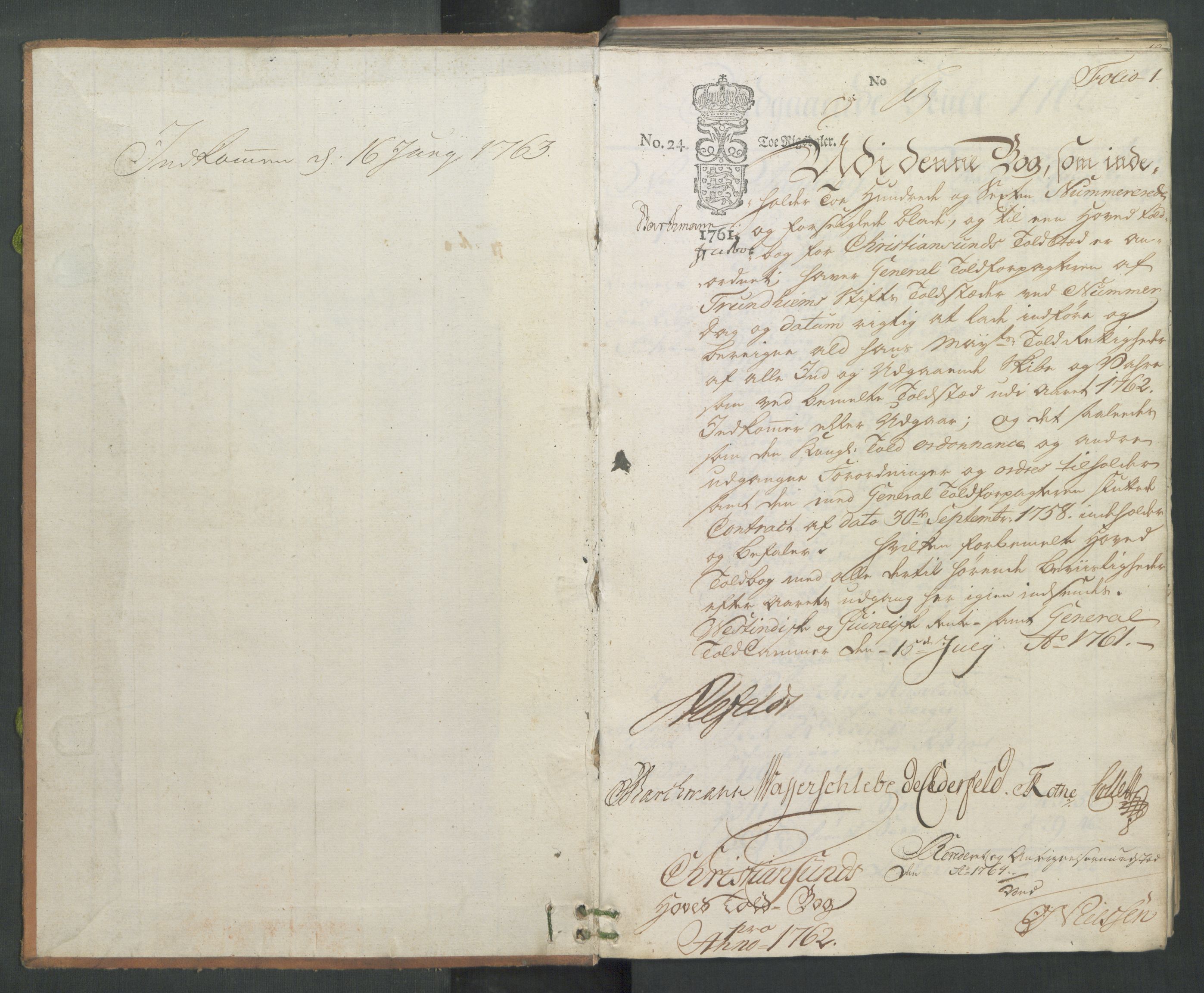 Generaltollkammeret, tollregnskaper, RA/EA-5490/R32/L0019/0001: Tollregnskaper Kristiansund / Hovedtollbok, 1762, s. 1a