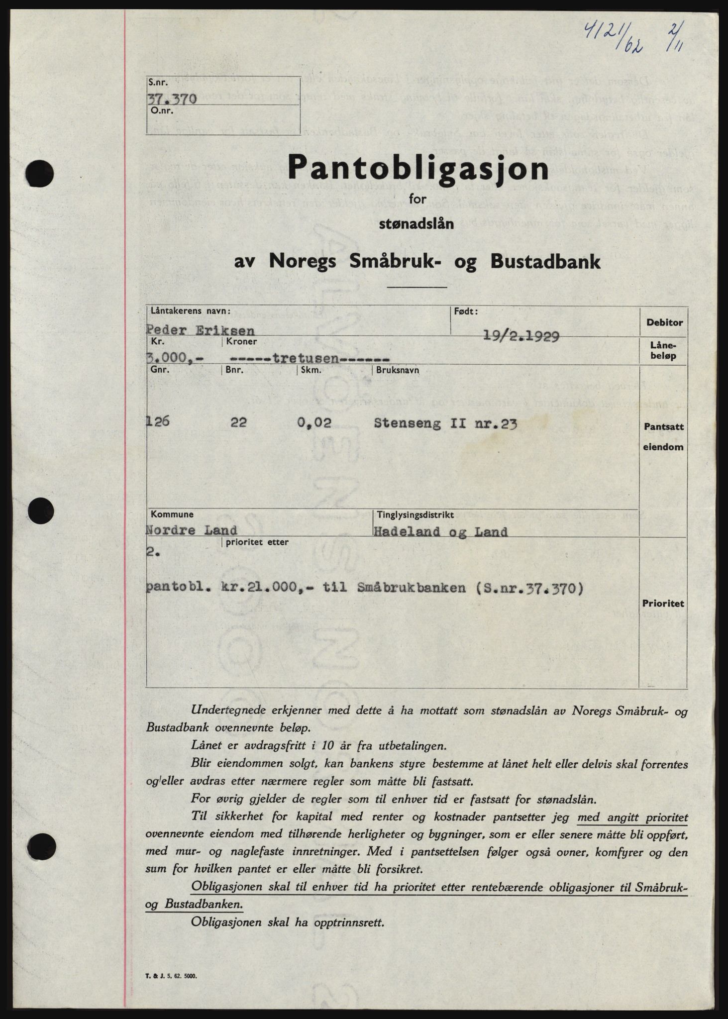 Hadeland og Land tingrett, SAH/TING-010/H/Hb/Hbc/L0050: Pantebok nr. B50, 1962-1963, Dagboknr: 4121/1962