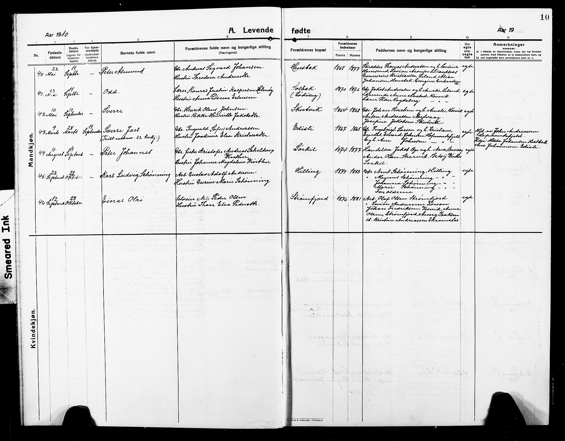 Ministerialprotokoller, klokkerbøker og fødselsregistre - Nordland, AV/SAT-A-1459/859/L0861: Klokkerbok nr. 859C07, 1910-1925, s. 10