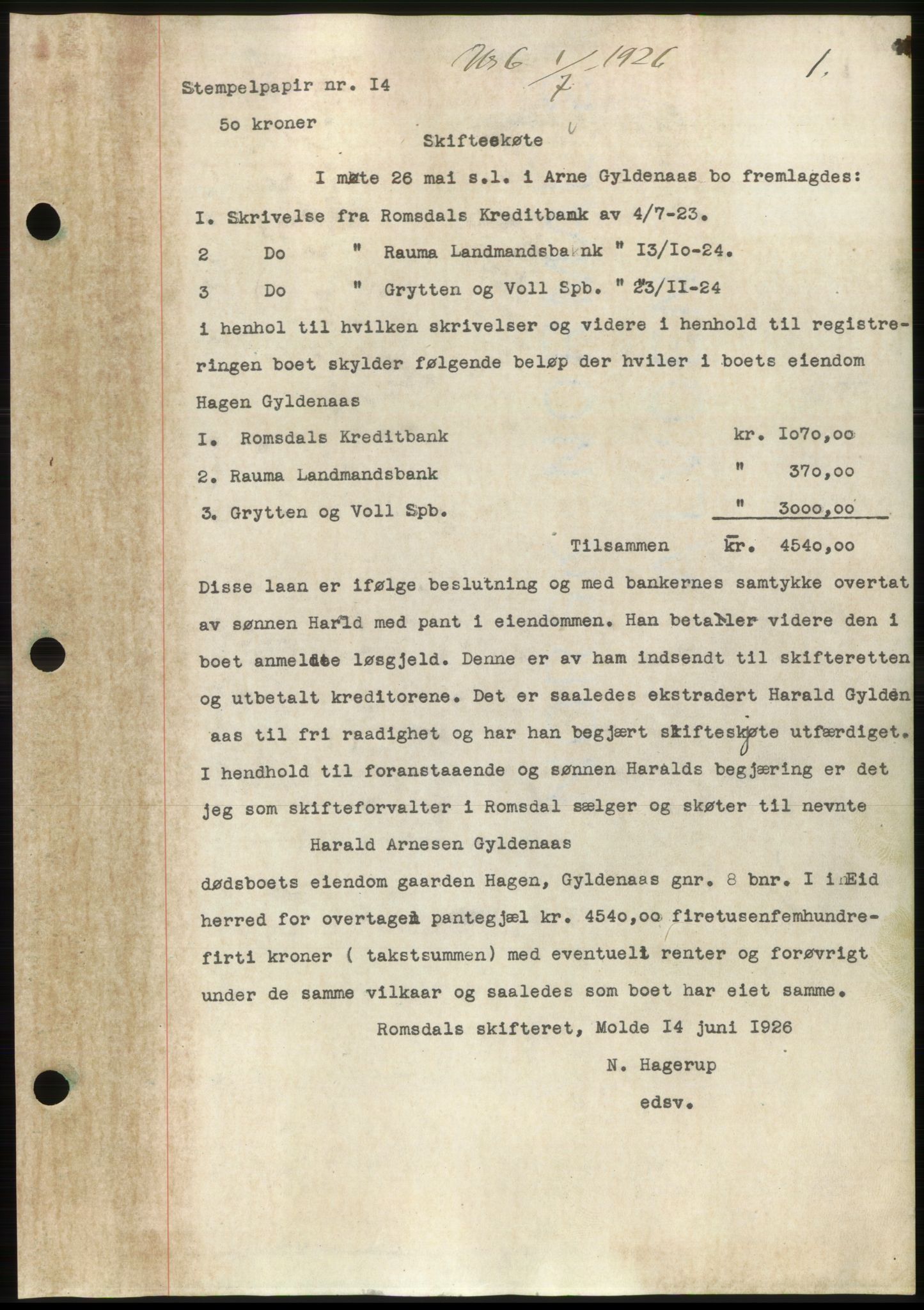 Romsdal sorenskriveri, AV/SAT-A-4149/1/2/2C/L0051: Pantebok nr. 45, 1926-1927, Tingl.dato: 01.07.1926