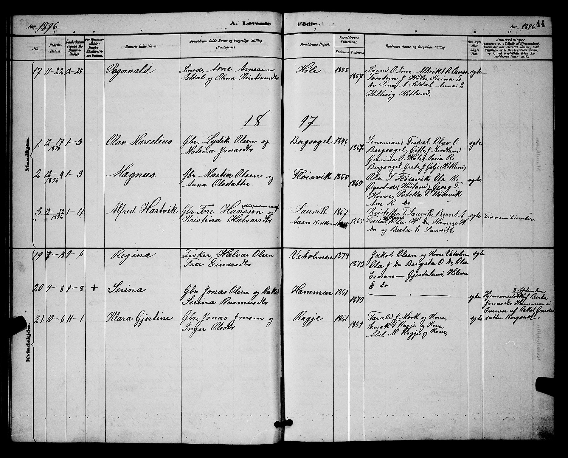 Høgsfjord sokneprestkontor, AV/SAST-A-101624/H/Ha/Hab/L0003: Klokkerbok nr. B 3, 1886-1905, s. 44