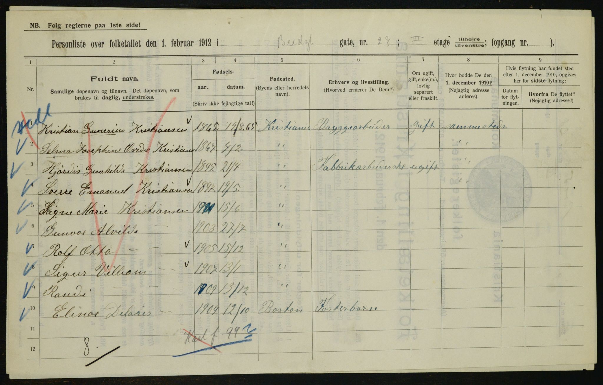 OBA, Kommunal folketelling 1.2.1912 for Kristiania, 1912, s. 8512