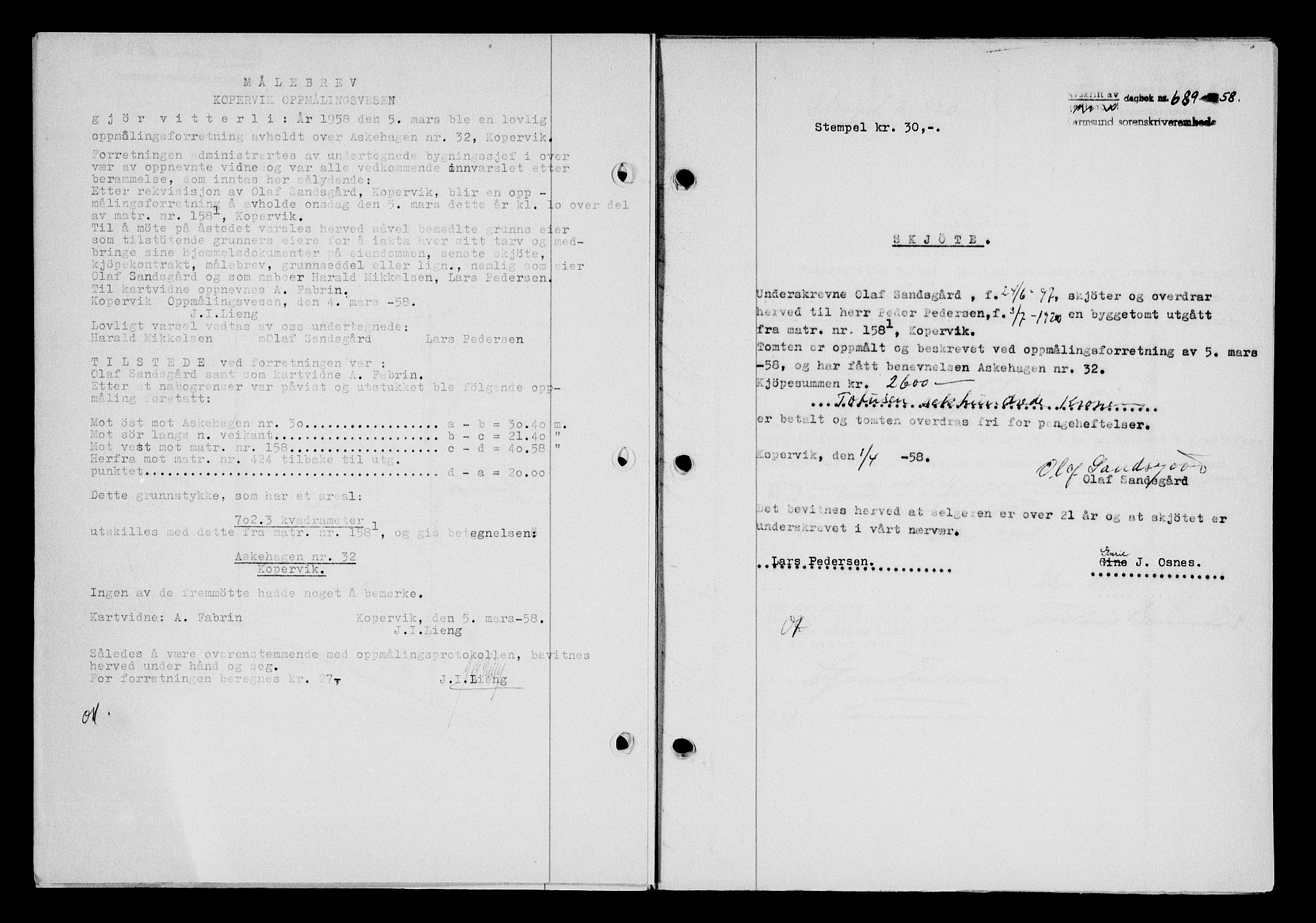 Karmsund sorenskriveri, SAST/A-100311/01/II/IIB/L0128: Pantebok nr. 108A, 1958-1958, Dagboknr: 689/1958