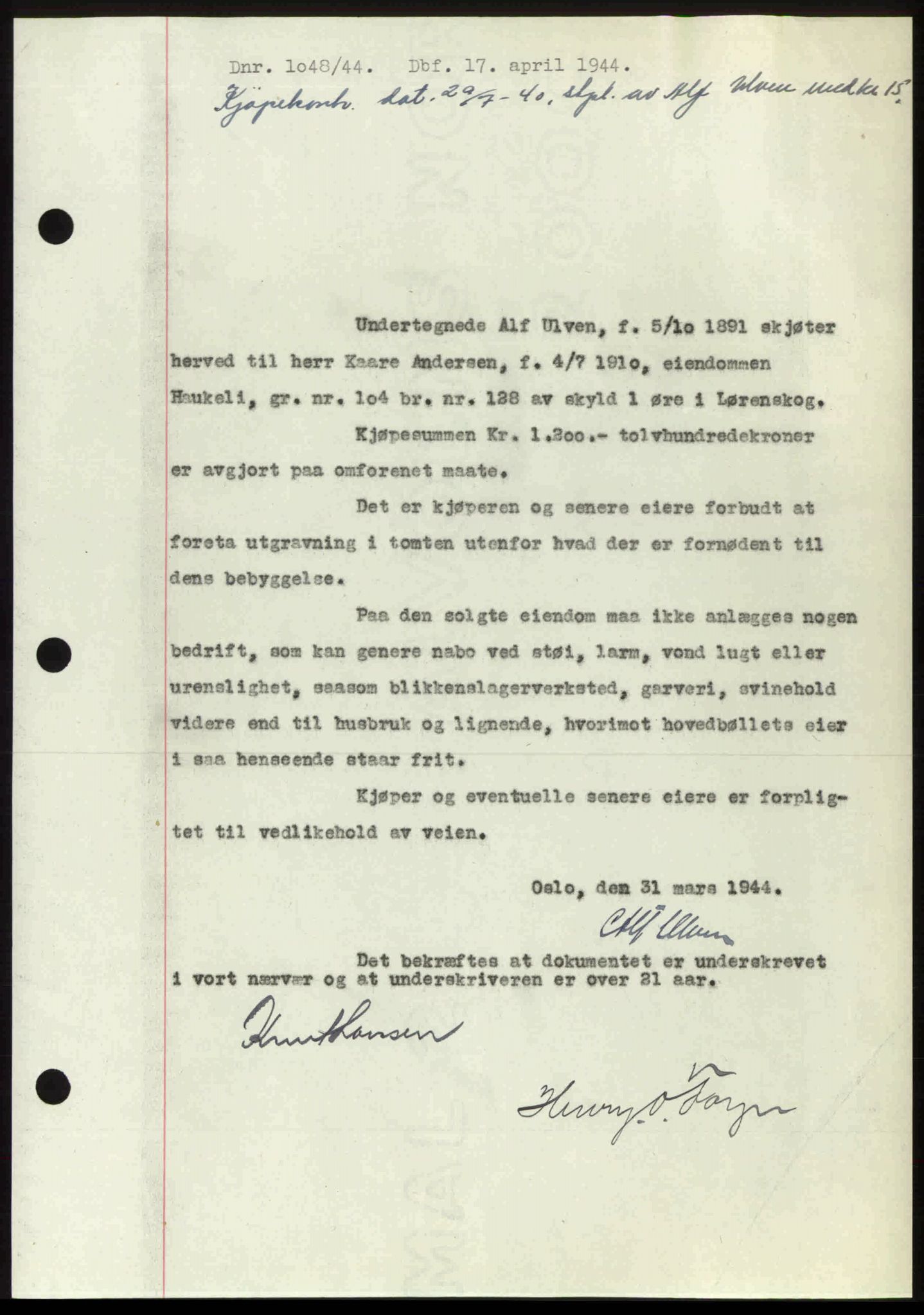 Nedre Romerike sorenskriveri, AV/SAO-A-10469/G/Gb/Gbd/L0011: Pantebok nr. 11, 1944-1944, Dagboknr: 1048/1944