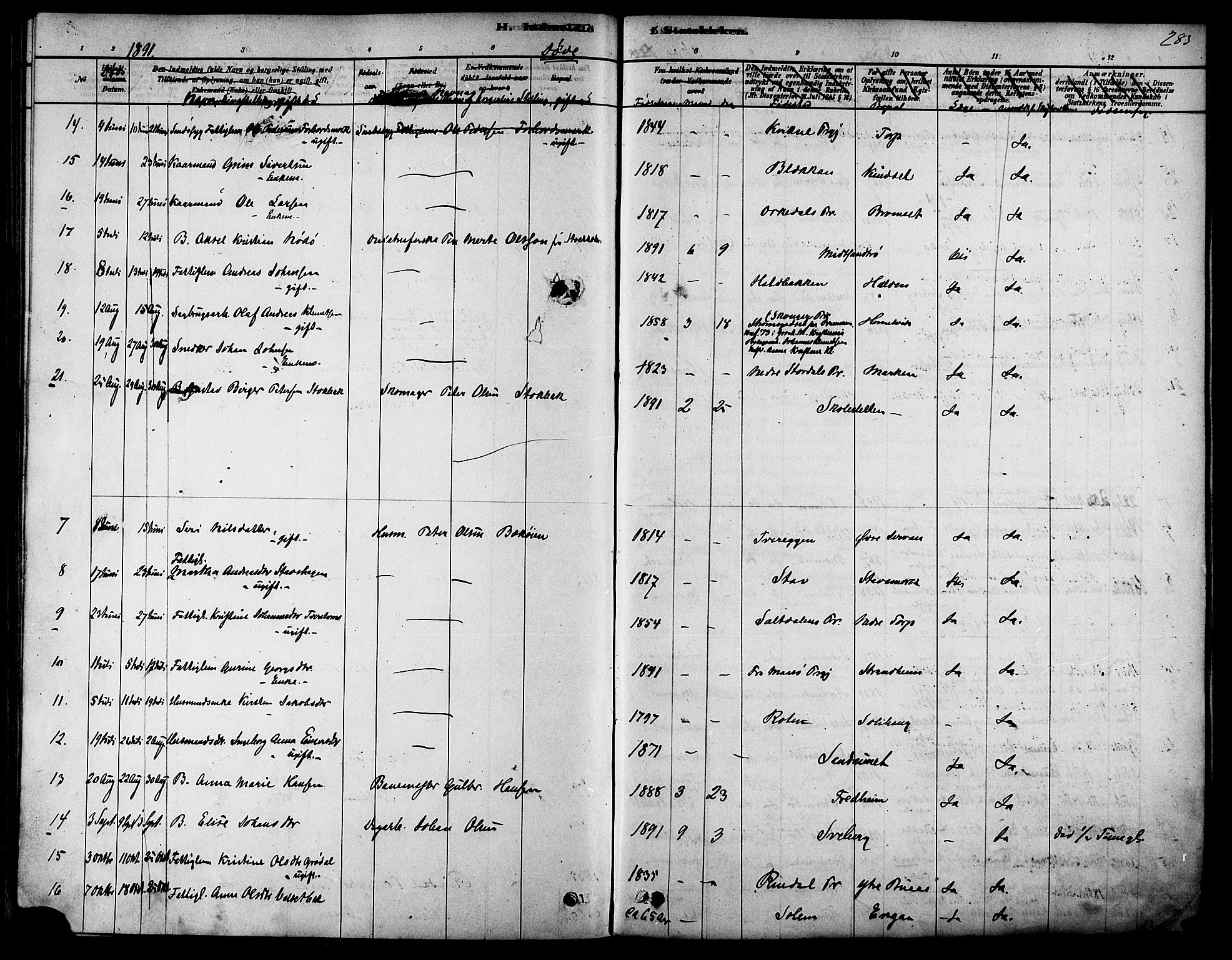 Ministerialprotokoller, klokkerbøker og fødselsregistre - Sør-Trøndelag, SAT/A-1456/616/L0410: Ministerialbok nr. 616A07, 1878-1893, s. 283
