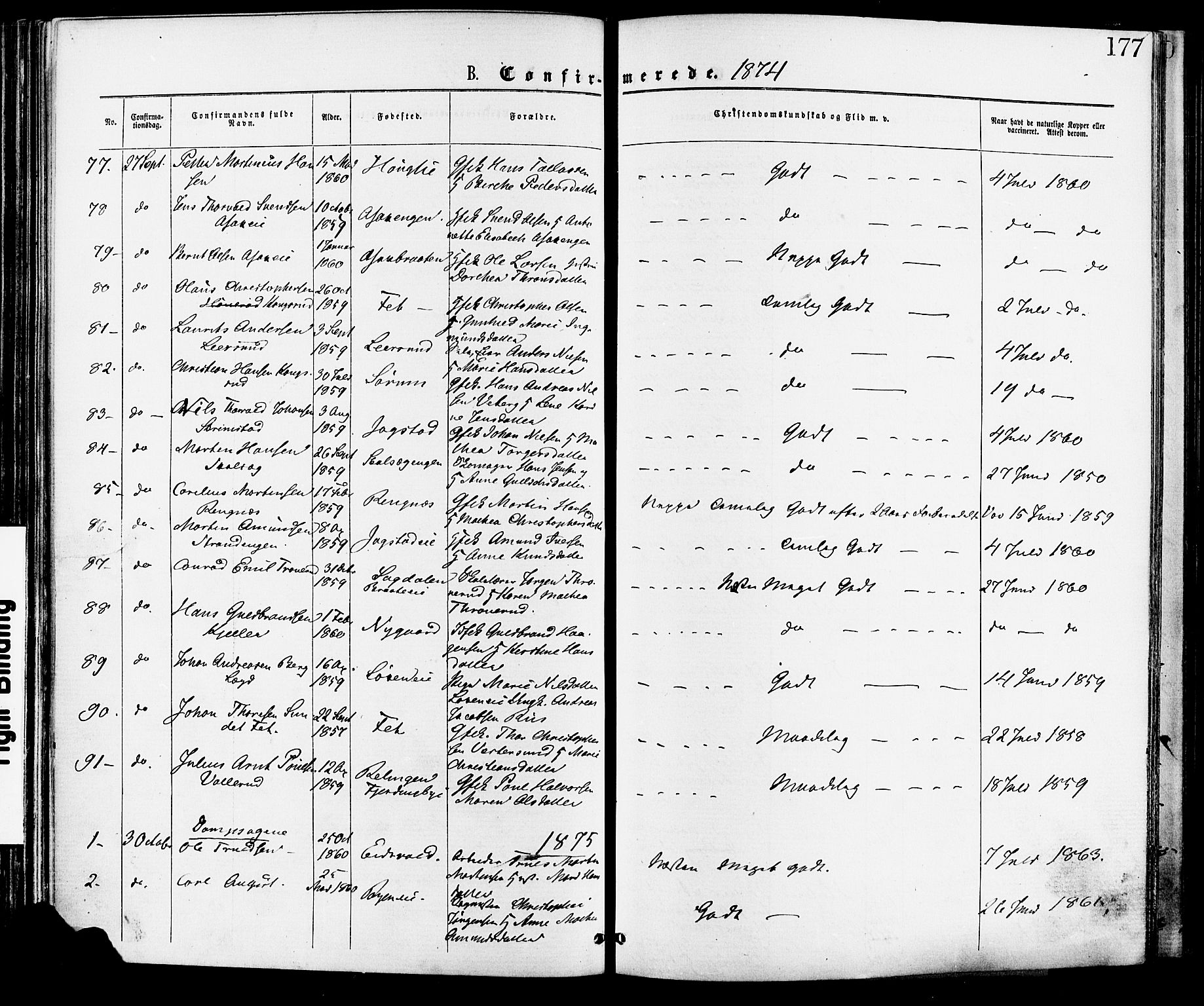 Skedsmo prestekontor Kirkebøker, AV/SAO-A-10033a/F/Fa/L0012: Ministerialbok nr. I 12, 1876-1883, s. 177