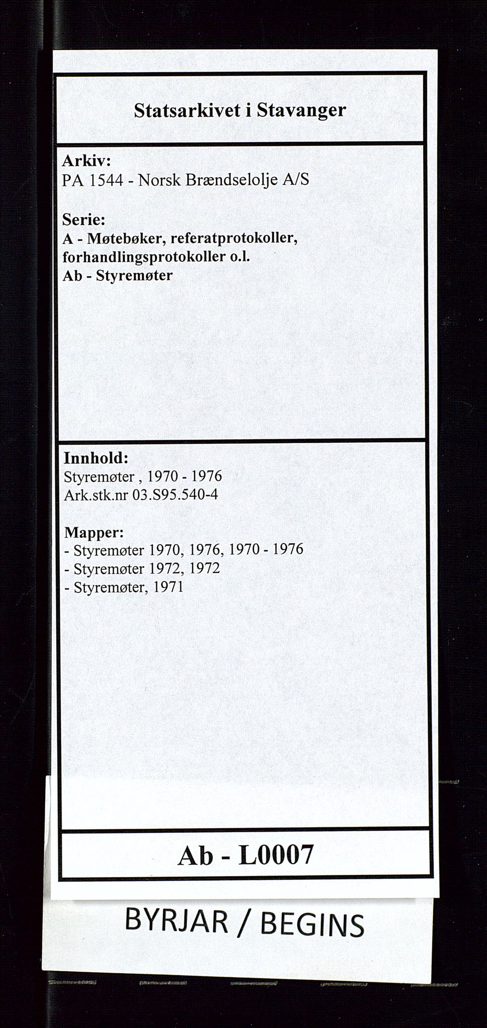 PA 1544 - Norsk Brændselolje A/S, SAST/A-101965/1/A/Ab/L0007/0002: Styremøter  / Styremøter 1972, 1972, s. 1