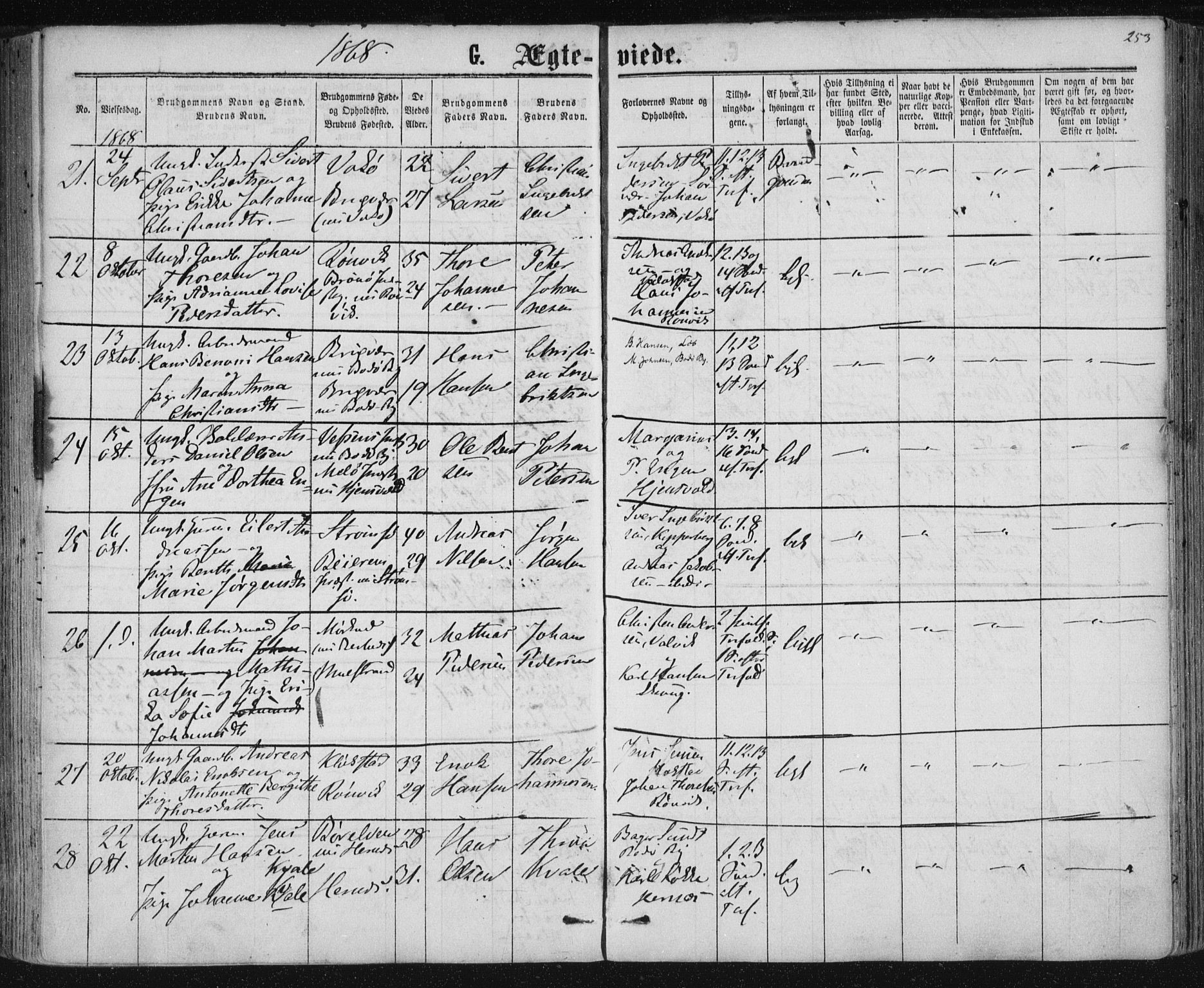 Ministerialprotokoller, klokkerbøker og fødselsregistre - Nordland, AV/SAT-A-1459/801/L0008: Ministerialbok nr. 801A08, 1864-1875, s. 253