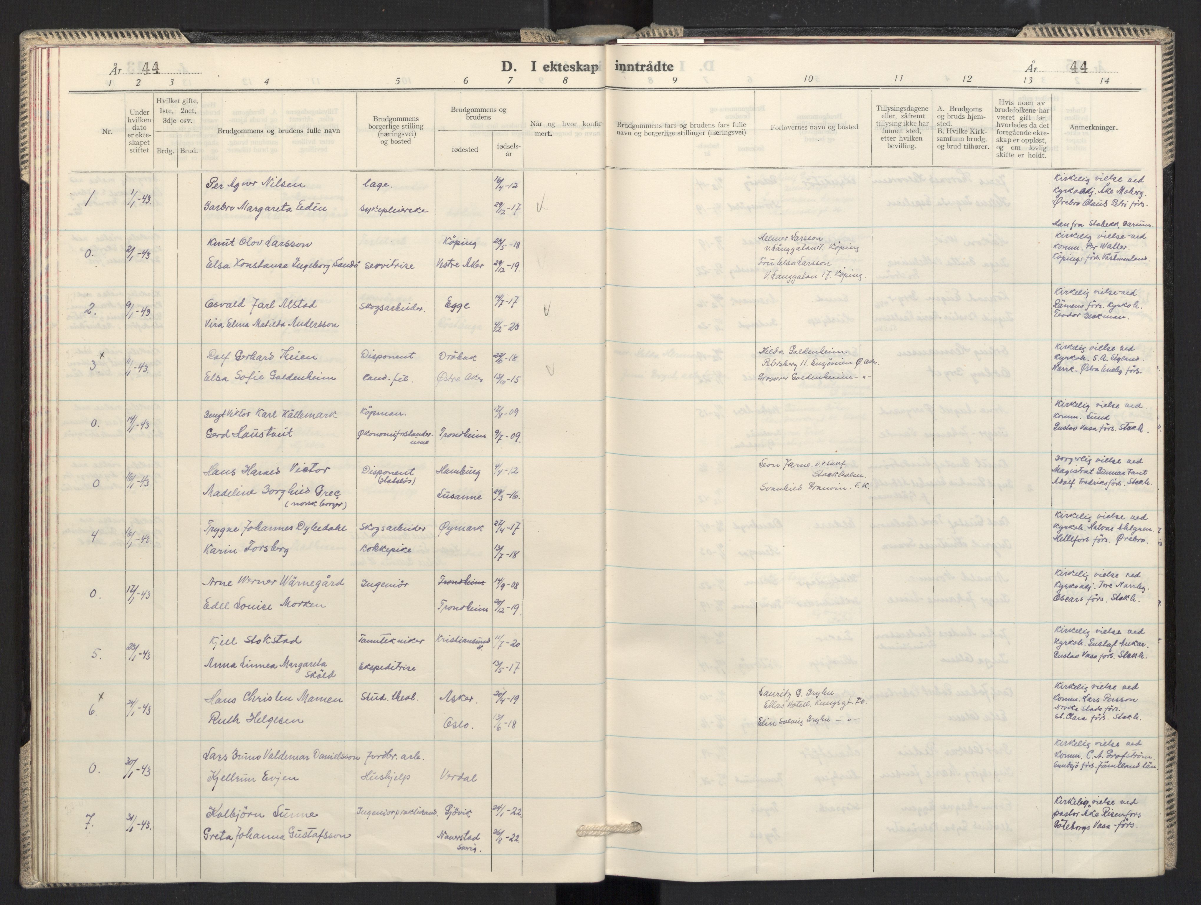 Prestekontoret i Sverige under okkupasjonen Kirkebøker, SAO/A-11045/F/L0001: Ministerialbok nr. 1, 1941-1945, s. 44