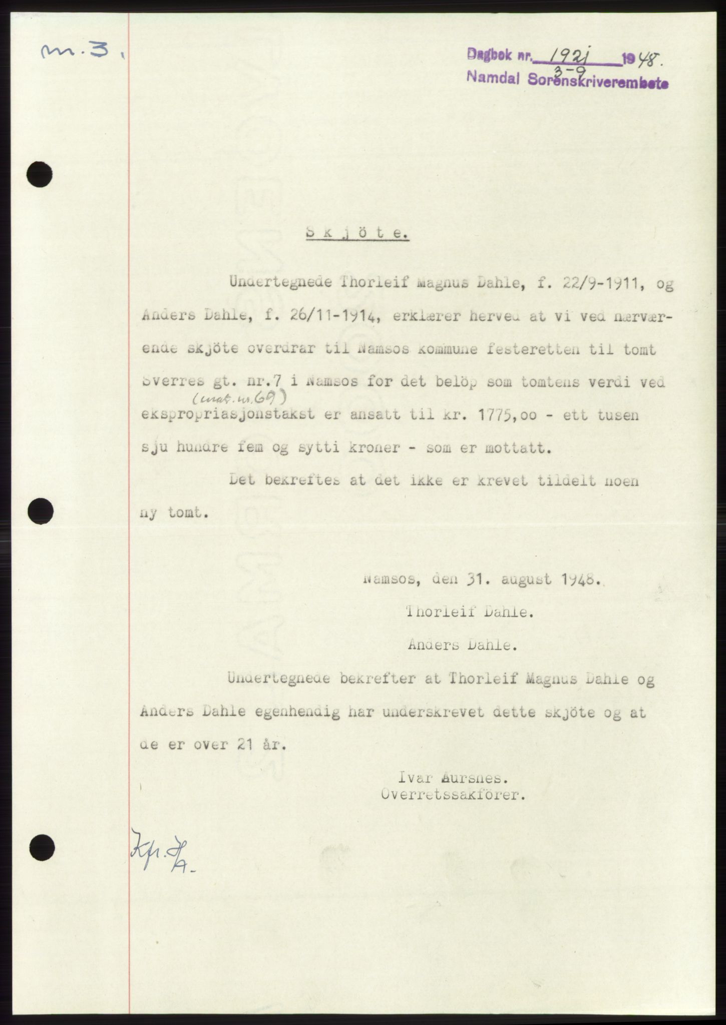 Namdal sorenskriveri, SAT/A-4133/1/2/2C: Pantebok nr. -, 1948-1948, Dagboknr: 1921/1948