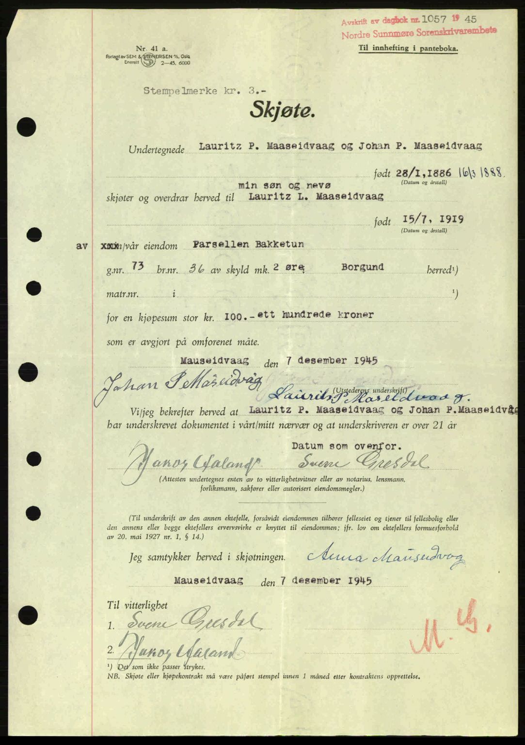 Nordre Sunnmøre sorenskriveri, AV/SAT-A-0006/1/2/2C/2Ca: Pantebok nr. A20a, 1945-1945, Dagboknr: 1057/1945