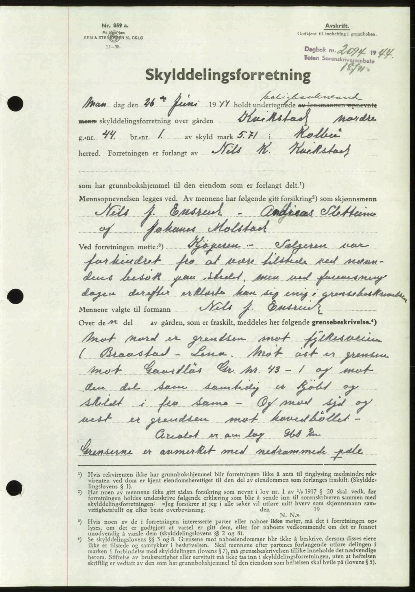 Toten tingrett, AV/SAH-TING-006/H/Hb/Hbc/L0012: Pantebok nr. Hbc-12, 1944-1944, Dagboknr: 2094/1944