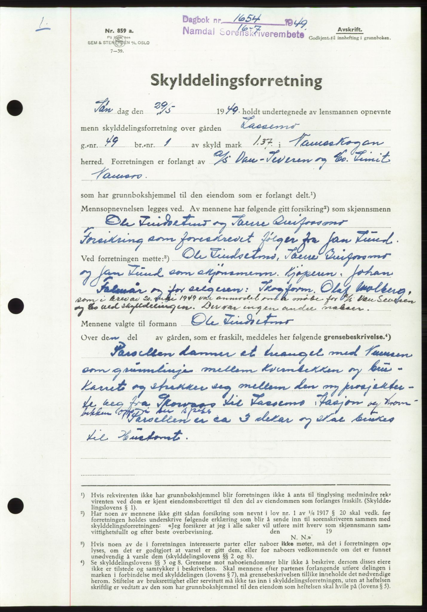 Namdal sorenskriveri, SAT/A-4133/1/2/2C: Pantebok nr. -, 1949-1949, Dagboknr: 1654/1949