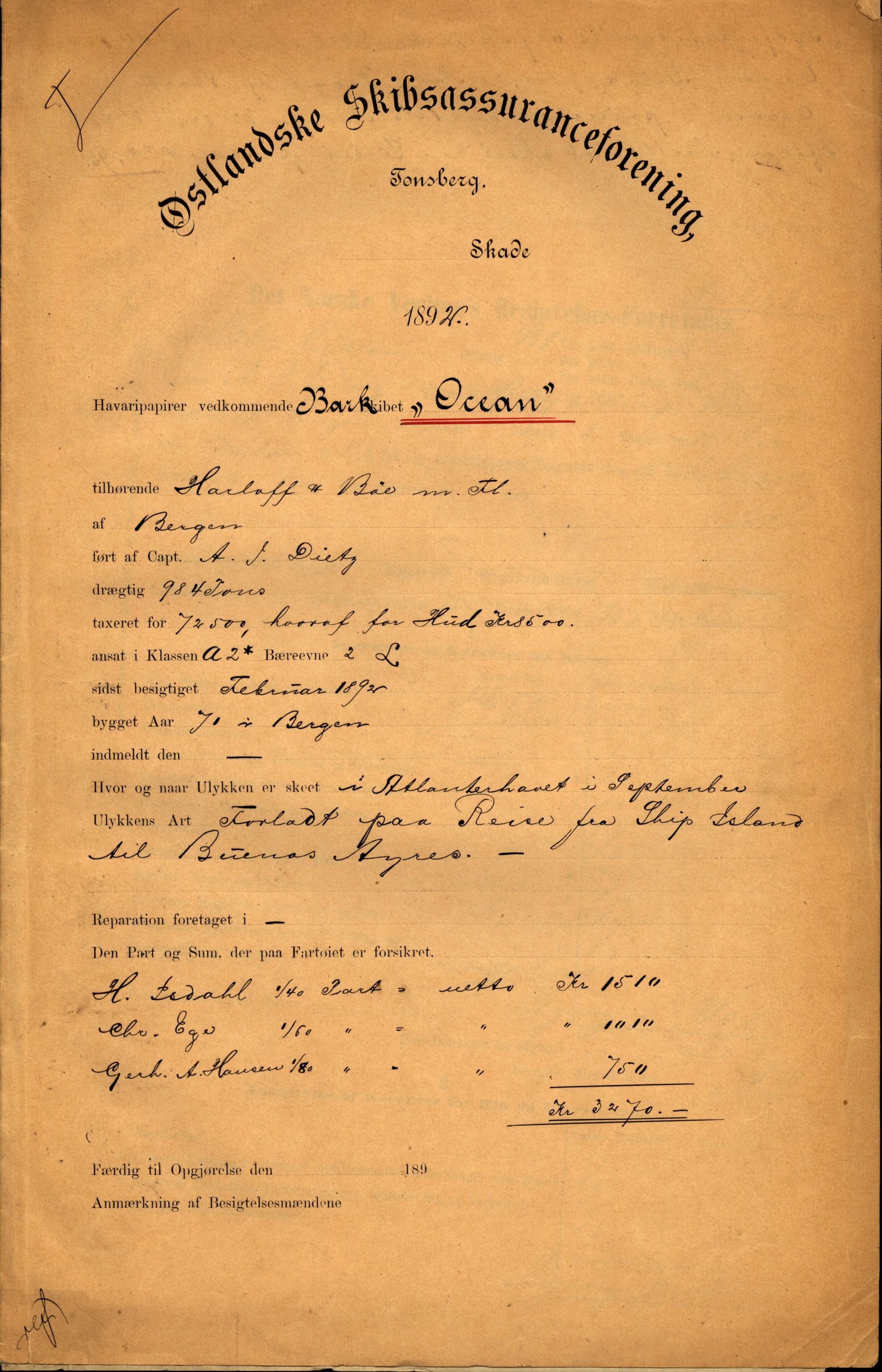 Pa 63 - Østlandske skibsassuranceforening, VEMU/A-1079/G/Ga/L0029/0002: Havaridokumenter / Johanne, Ocean, Capella, Columbus, Castro, 1892, s. 9