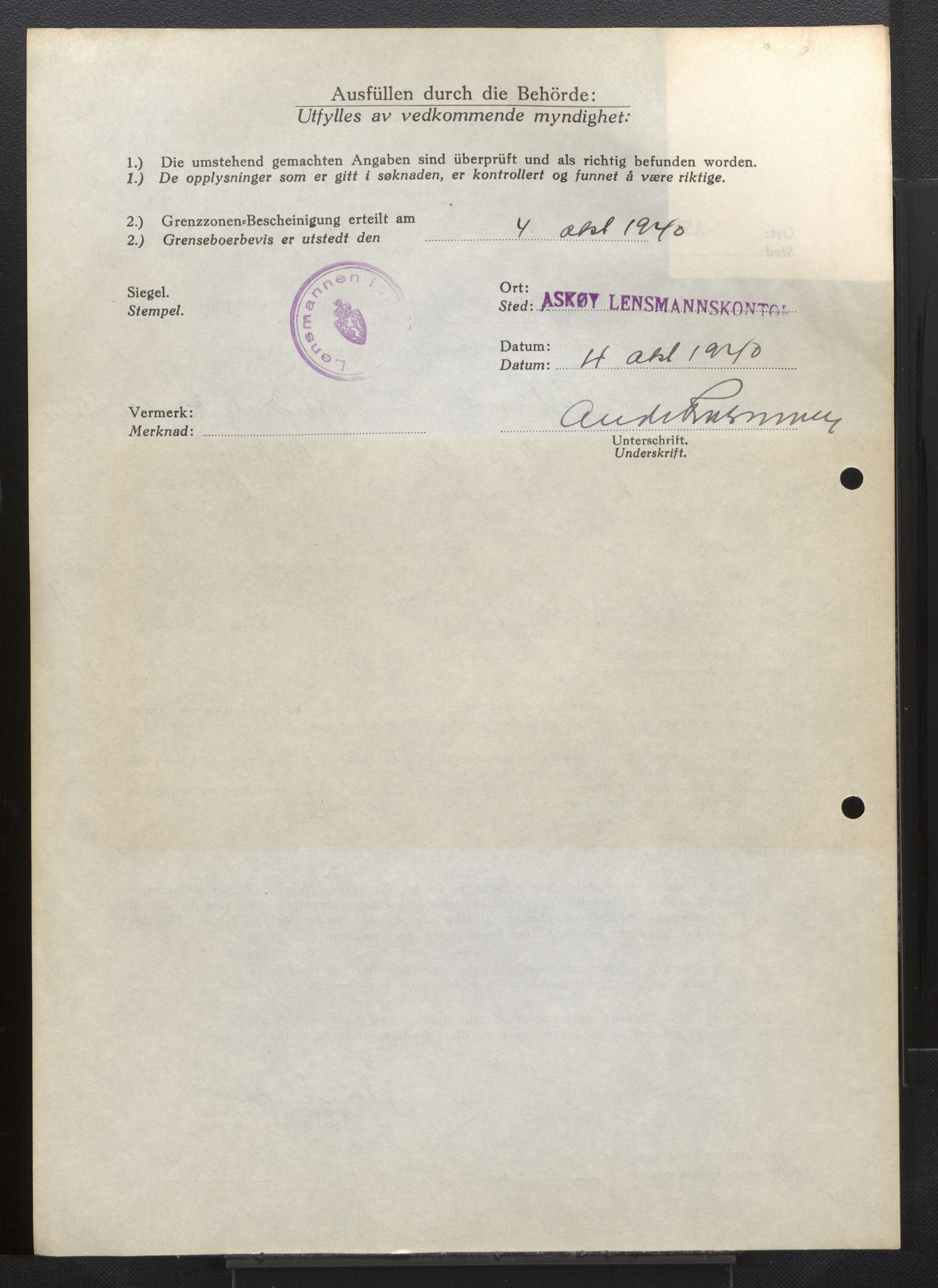 Lensmannen i Askøy, SAB/A-31001/0026/L0005: Søknader om grensebuarbevis 851 - 1275, 1940, s. 32