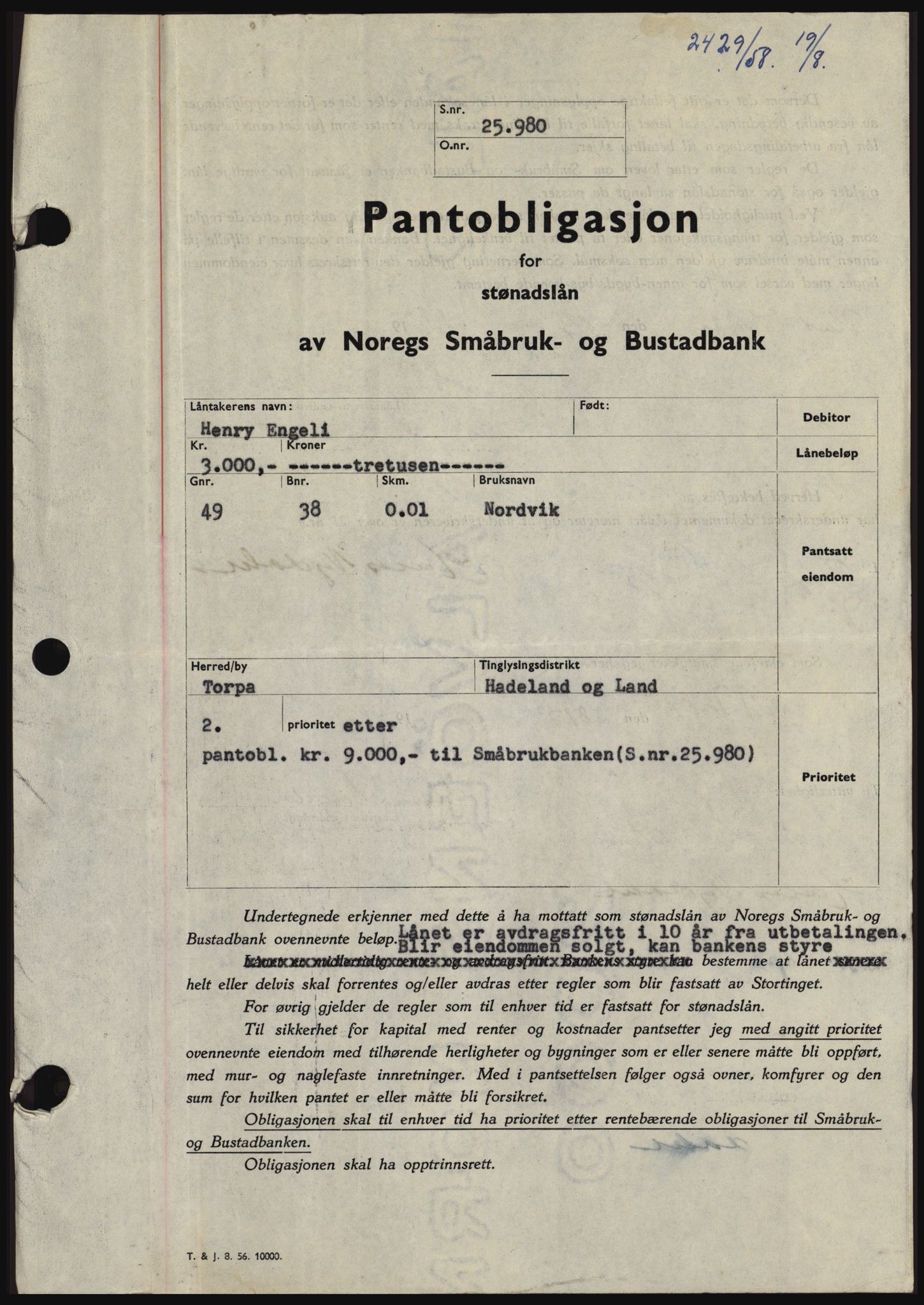 Hadeland og Land tingrett, SAH/TING-010/H/Hb/Hbc/L0038: Pantebok nr. B38, 1958-1958, Dagboknr: 2429/1958