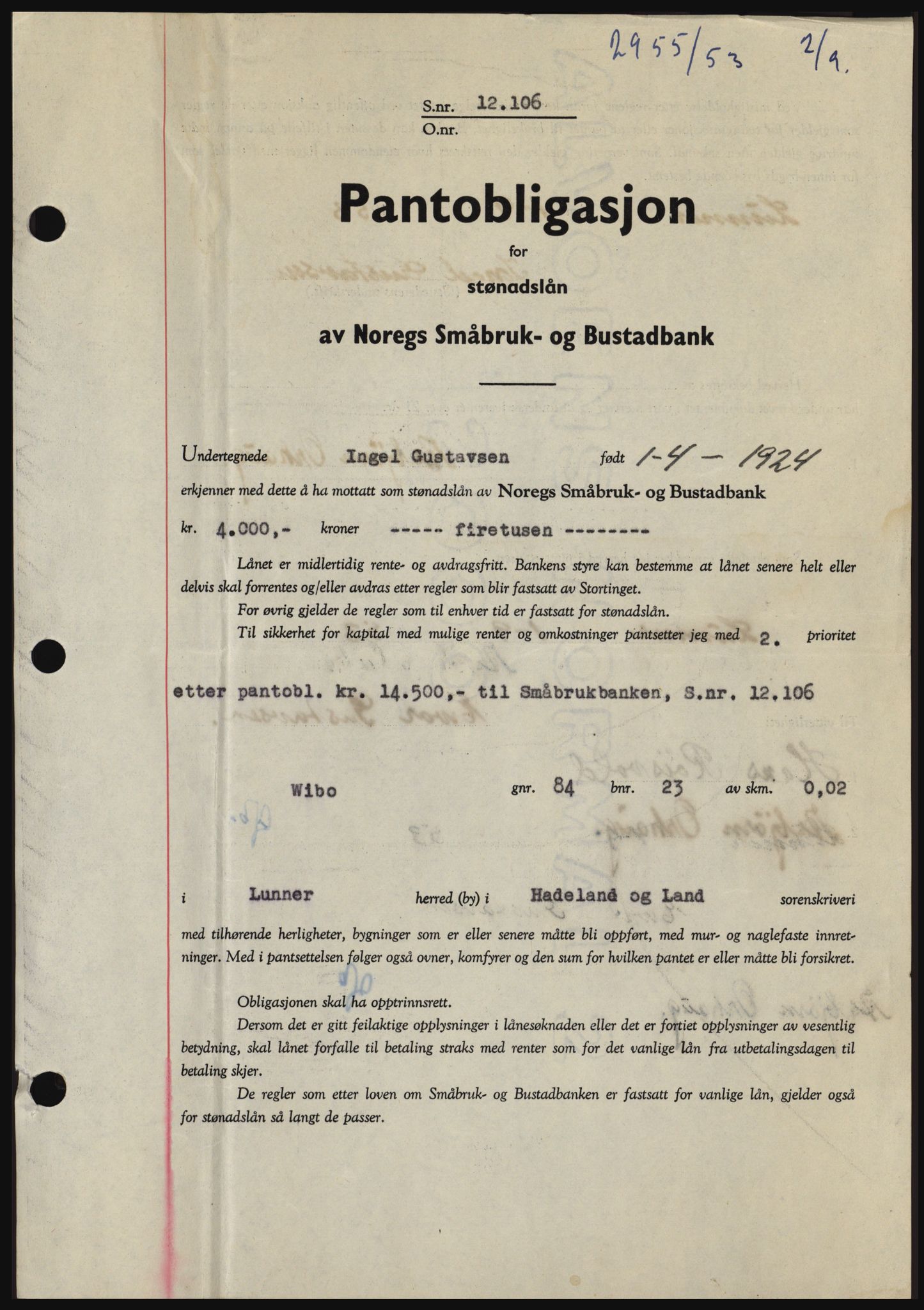 Hadeland og Land tingrett, SAH/TING-010/H/Hb/Hbc/L0027: Pantebok nr. B27, 1953-1953, Dagboknr: 2955/1953