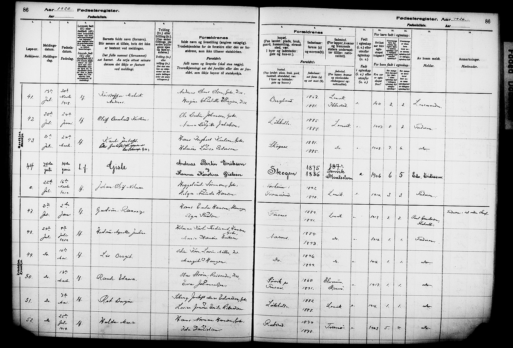 Lenvik sokneprestembete, AV/SATØ-S-1310/I/Ic/L0089: Fødselsregister nr. 89, 1916-1926, s. 86