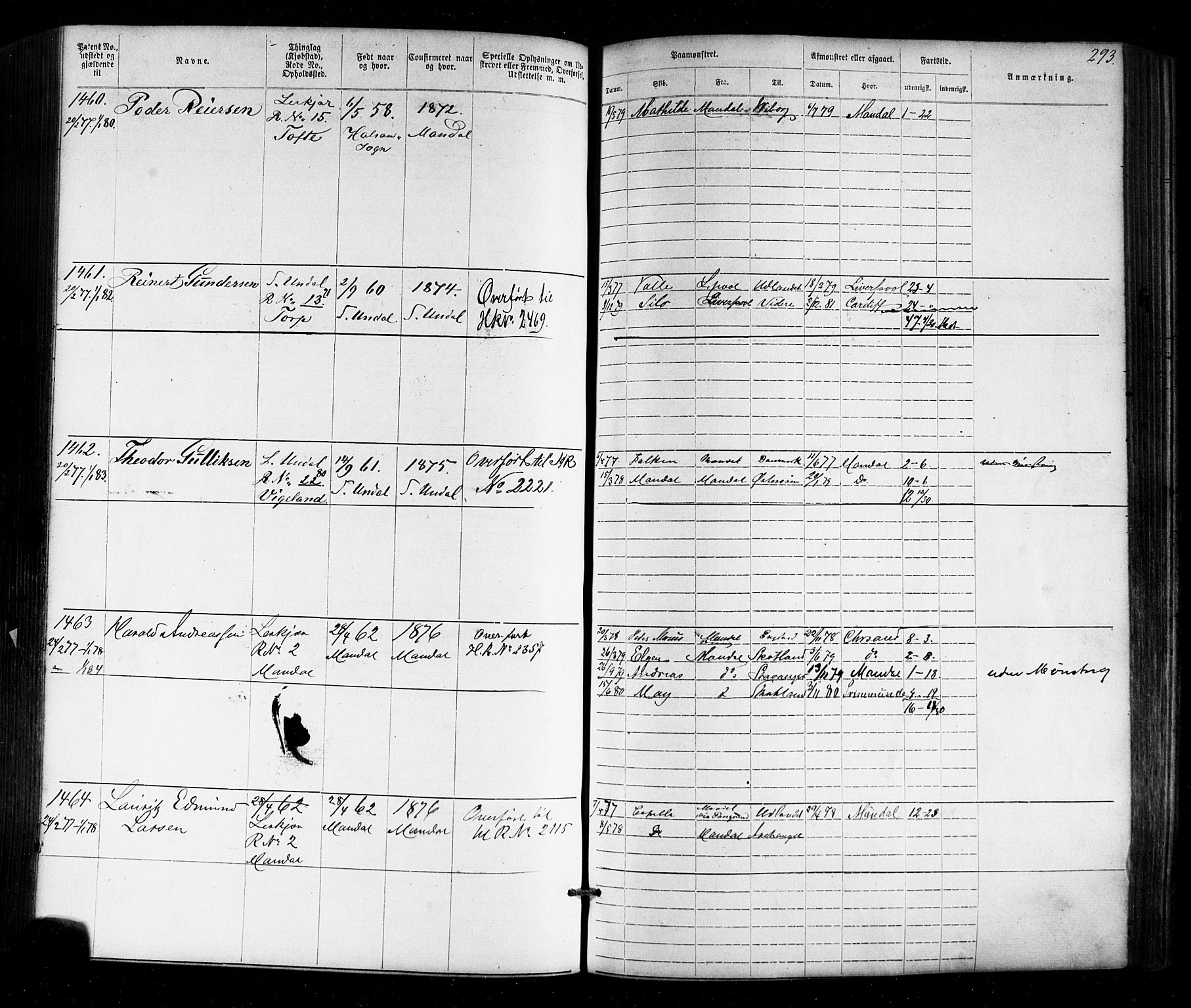 Mandal mønstringskrets, SAK/2031-0016/F/Fa/L0005: Annotasjonsrulle nr 1-1909 med register, Y-15, 1868-1880, s. 335