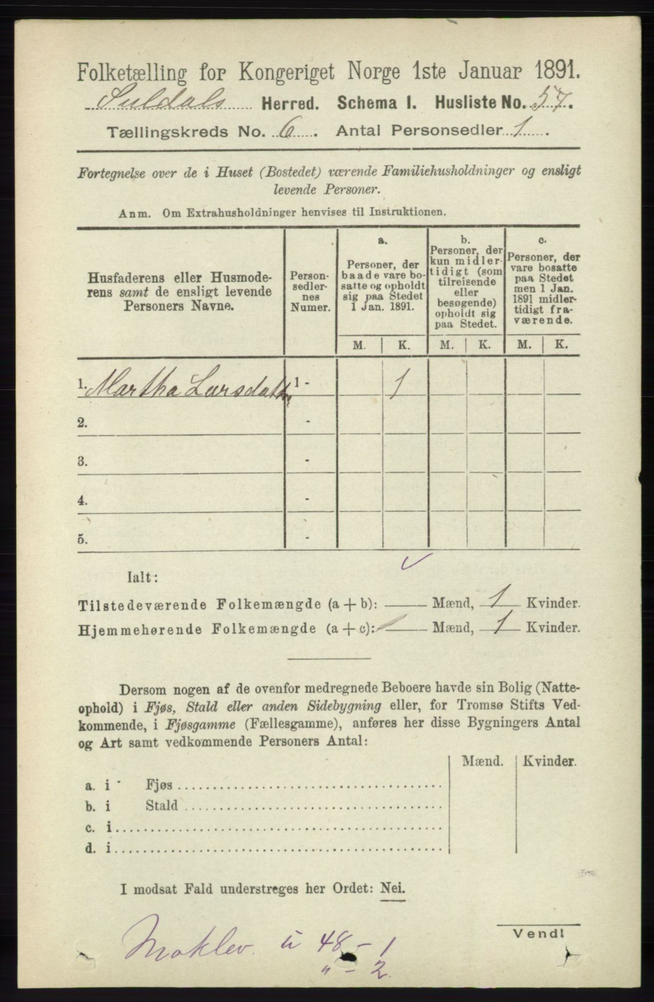 RA, Folketelling 1891 for 1134 Suldal herred, 1891, s. 1590