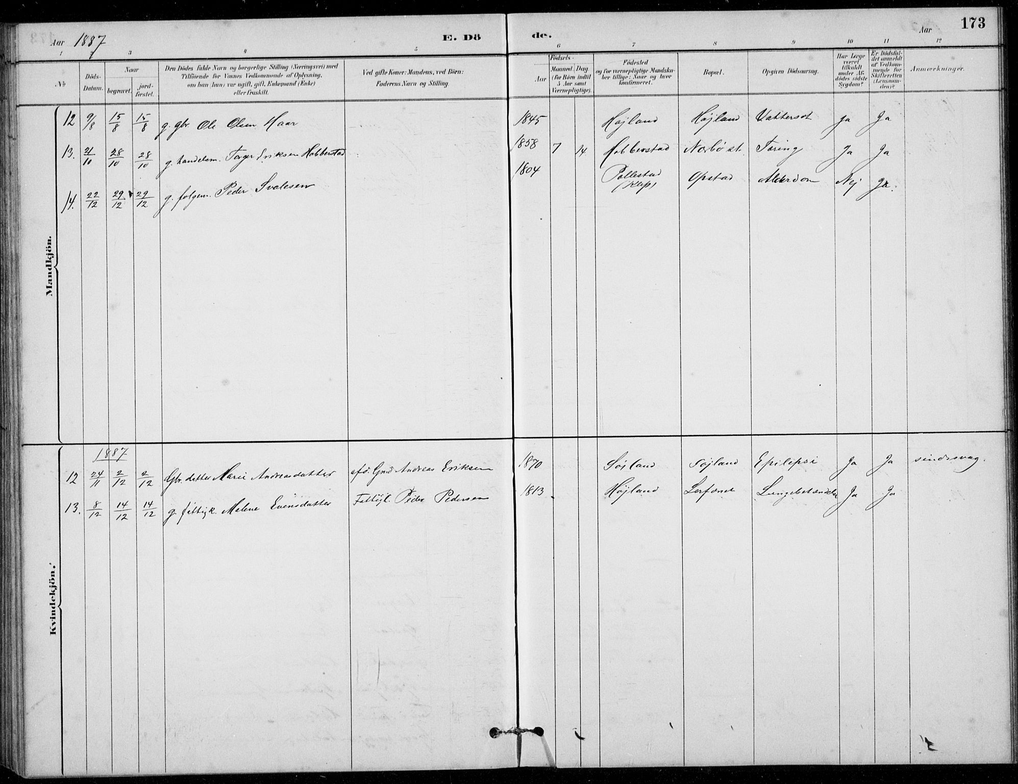 Hå sokneprestkontor, AV/SAST-A-101801/001/30BB/L0003: Klokkerbok nr. B 3, 1883-1894, s. 173