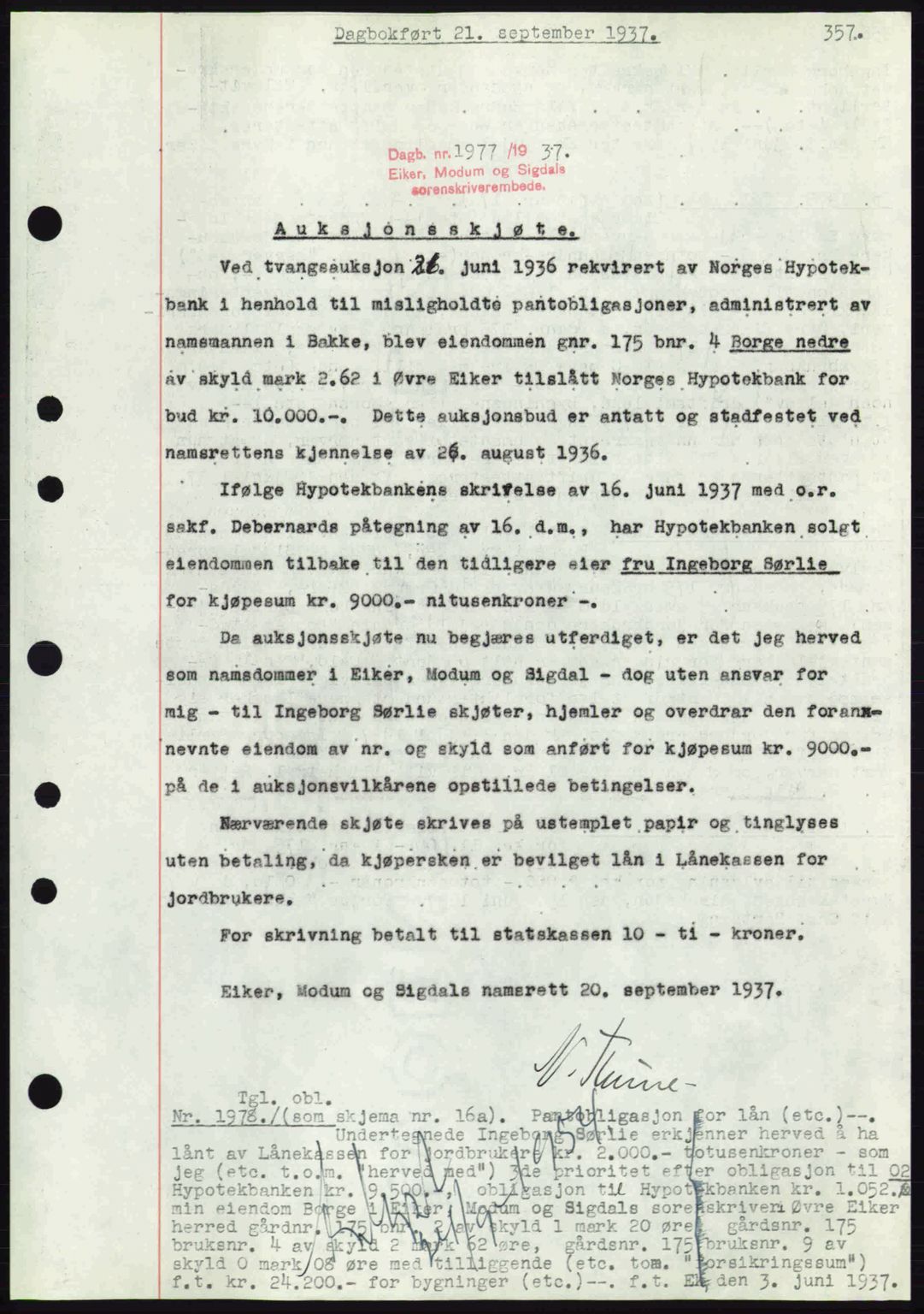Eiker, Modum og Sigdal sorenskriveri, SAKO/A-123/G/Ga/Gab/L0036: Pantebok nr. A6, 1937-1937, Dagboknr: 1977/1937