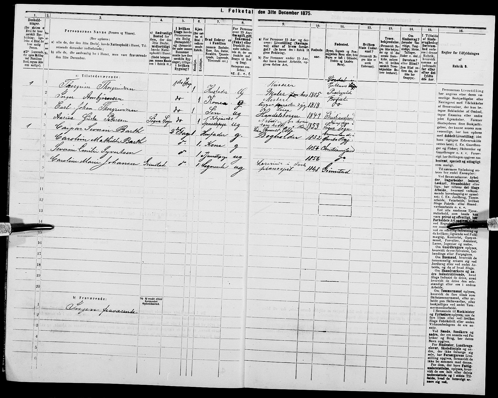 SAK, Folketelling 1875 for 1001P Kristiansand prestegjeld, 1875, s. 601