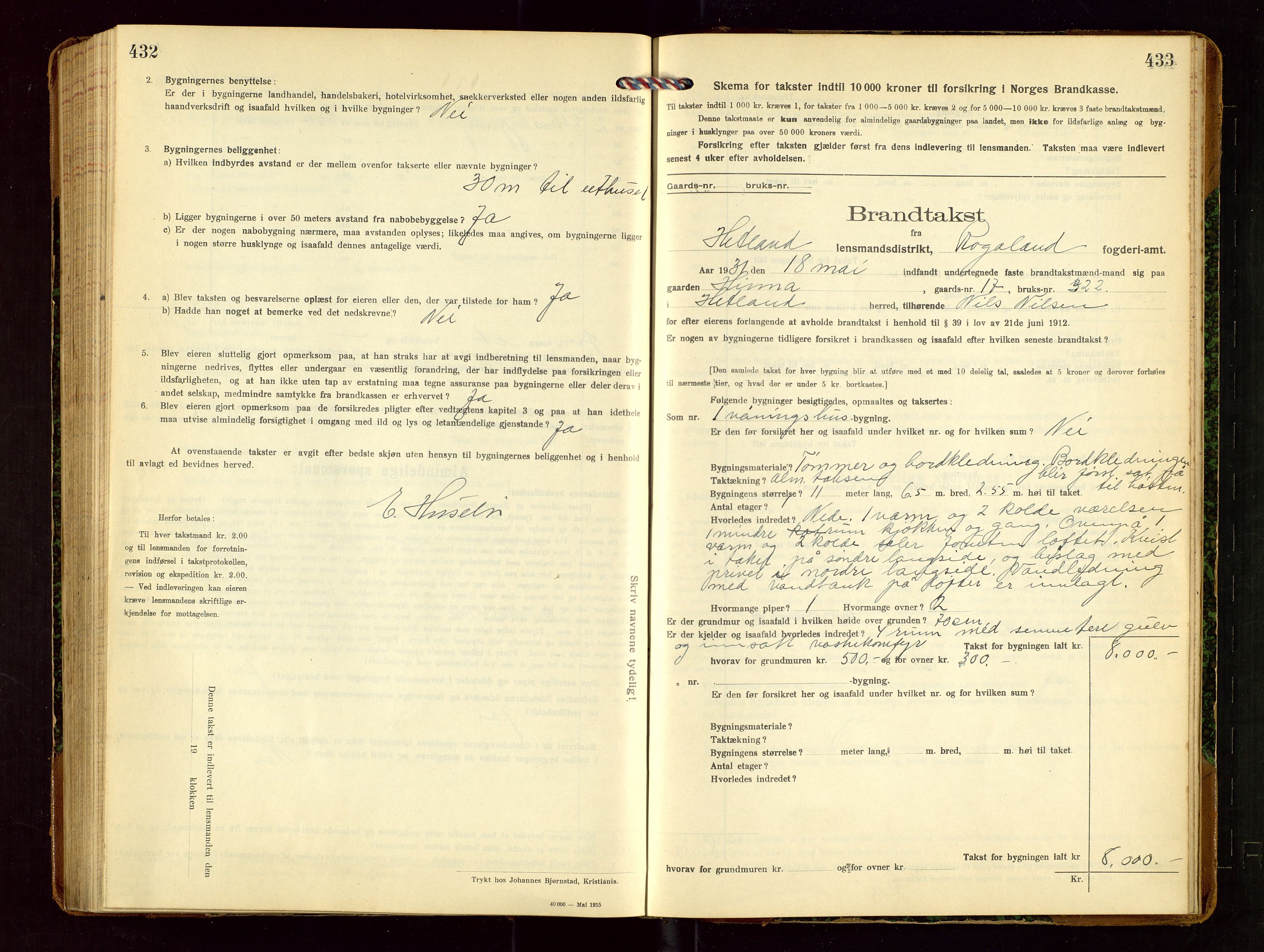 Hetland lensmannskontor, SAST/A-100101/Gob/L0002: "Brandtakstprotokol", 1918-1932, s. 432-433