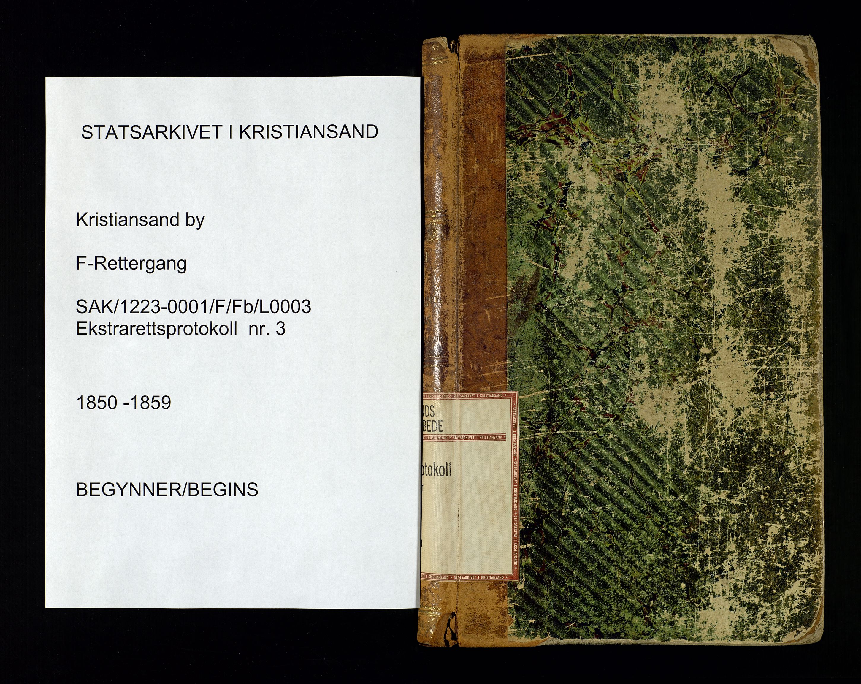 Kristiansand byrett, AV/SAK-1223-0001/F/Fb/L0003: Ekstrarettsprotokoll nr. 3 med register, 1850-1859