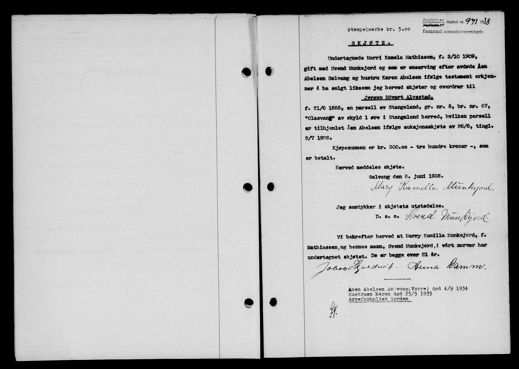 Karmsund sorenskriveri, SAST/A-100311/01/II/IIB/L0069: Pantebok nr. 50A, 1937-1938, Dagboknr: 973/1938