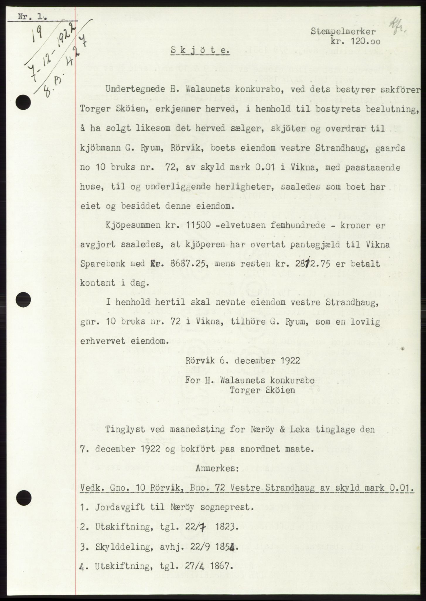 Namdal sorenskriveri, SAT/A-4133/1/2/2C: Pantebok nr. -, 1922-1925, Tingl.dato: 07.12.1922