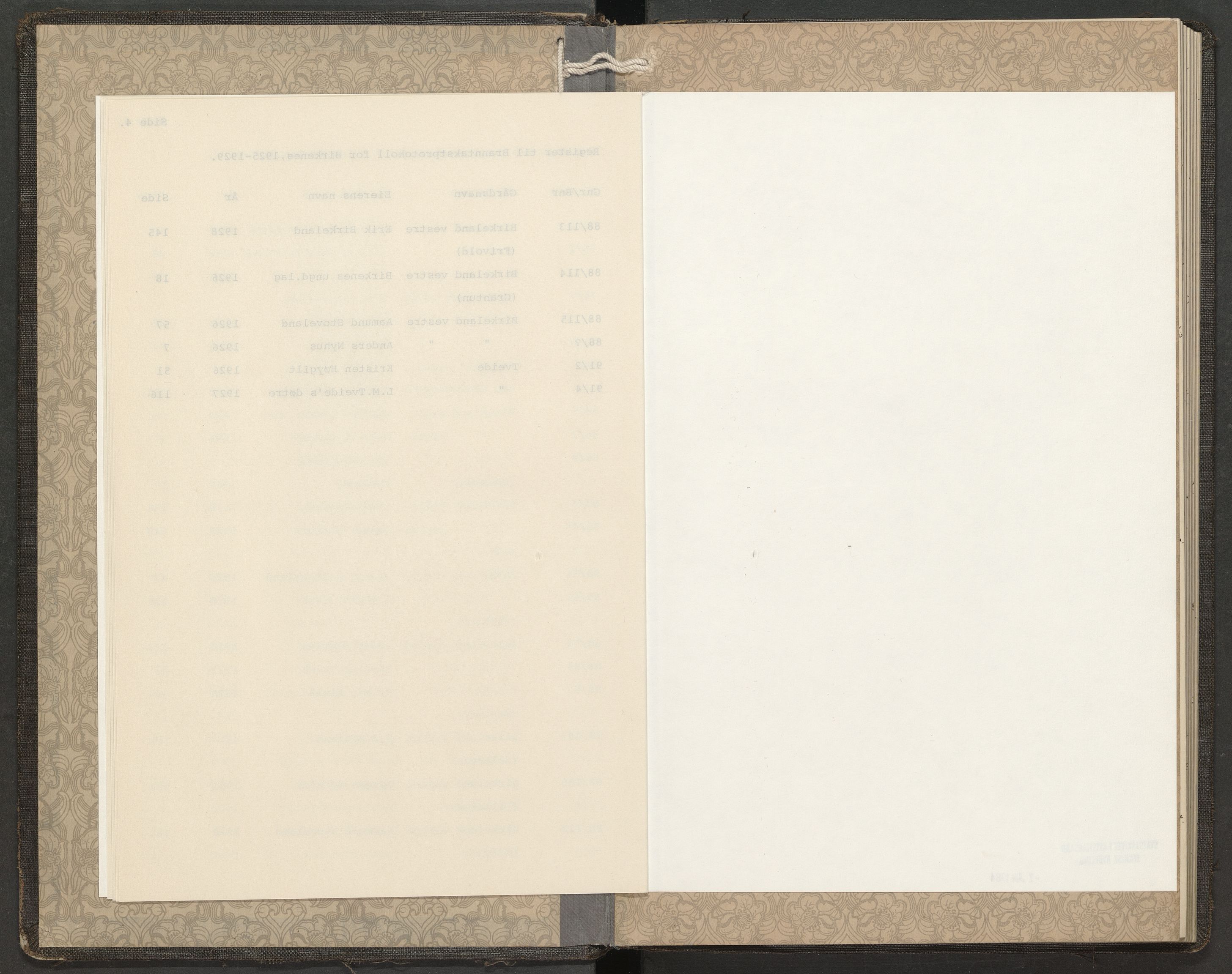 Norges Brannkasse Birkenes, AV/SAK-2241-0005/F/Fa/L0004: Branntakstprotokoll nr. 4 med gårdsnavnregister, 1925-1929