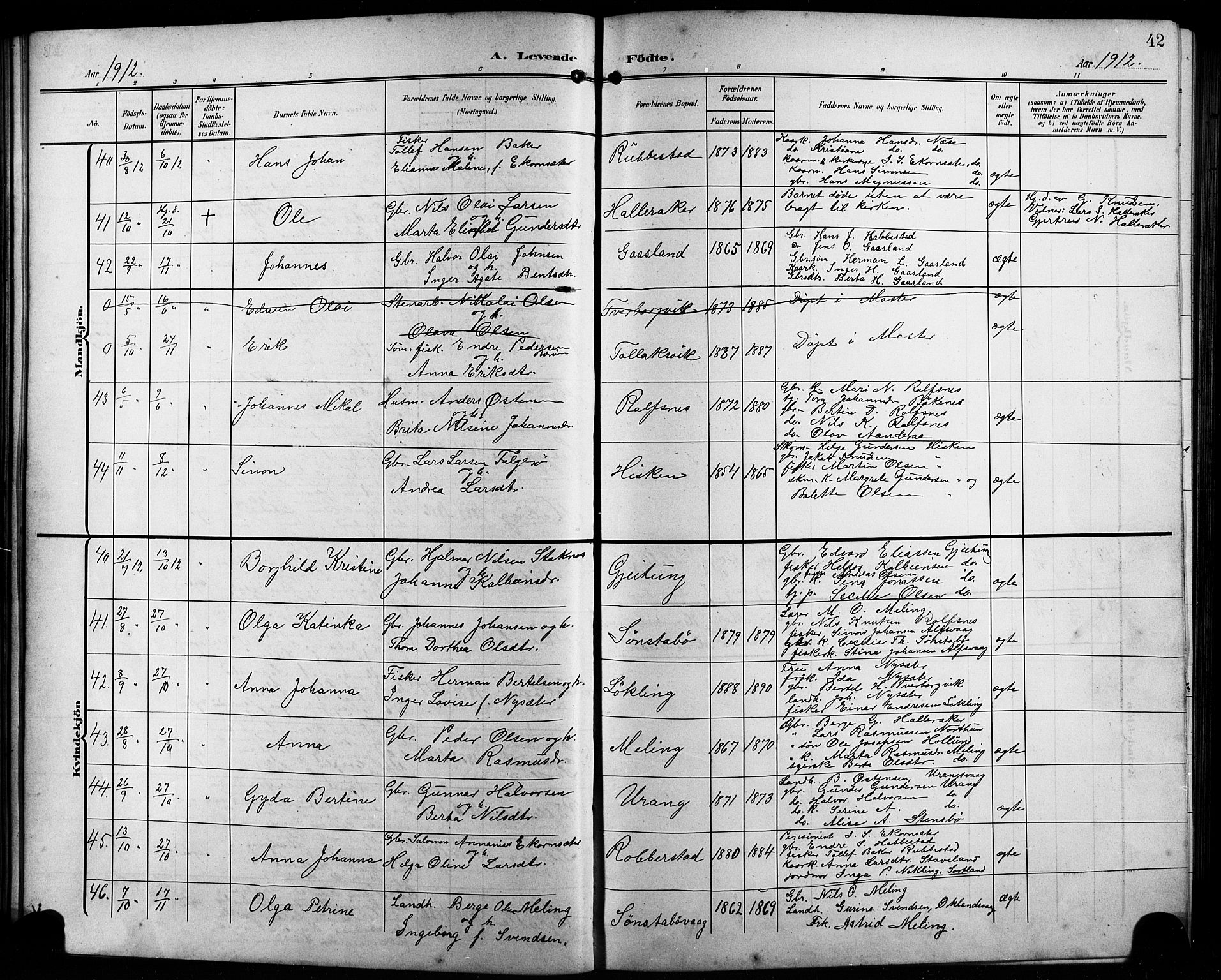 Finnås sokneprestembete, AV/SAB-A-99925/H/Ha/Hab/Habb/L0005: Klokkerbok nr. B 5, 1907-1920, s. 42