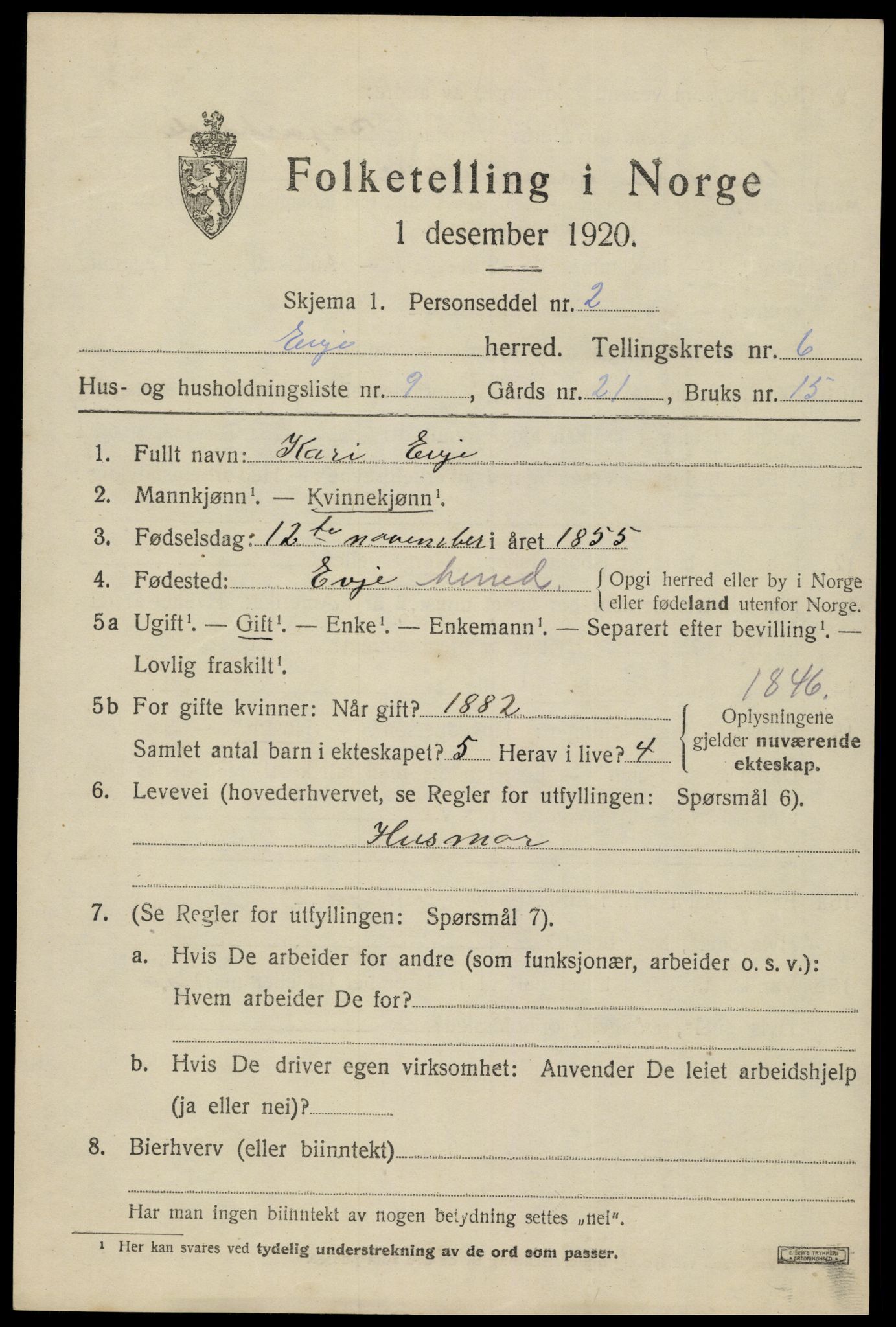 SAK, Folketelling 1920 for 0937 Evje herred, 1920, s. 2218