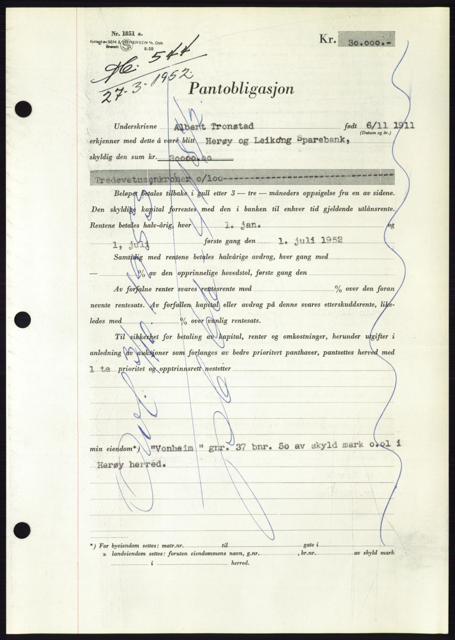 Søre Sunnmøre sorenskriveri, AV/SAT-A-4122/1/2/2C/L0121: Pantebok nr. 9B, 1951-1952, Dagboknr: 544/1952