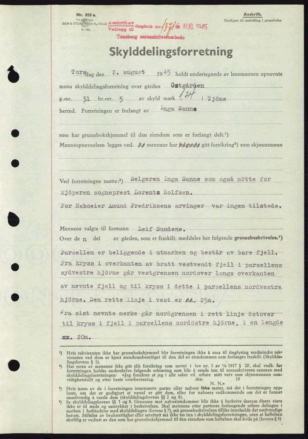 Tønsberg sorenskriveri, AV/SAKO-A-130/G/Ga/Gaa/L0017a: Pantebok nr. A17a, 1945-1945, Dagboknr: 1371/1945