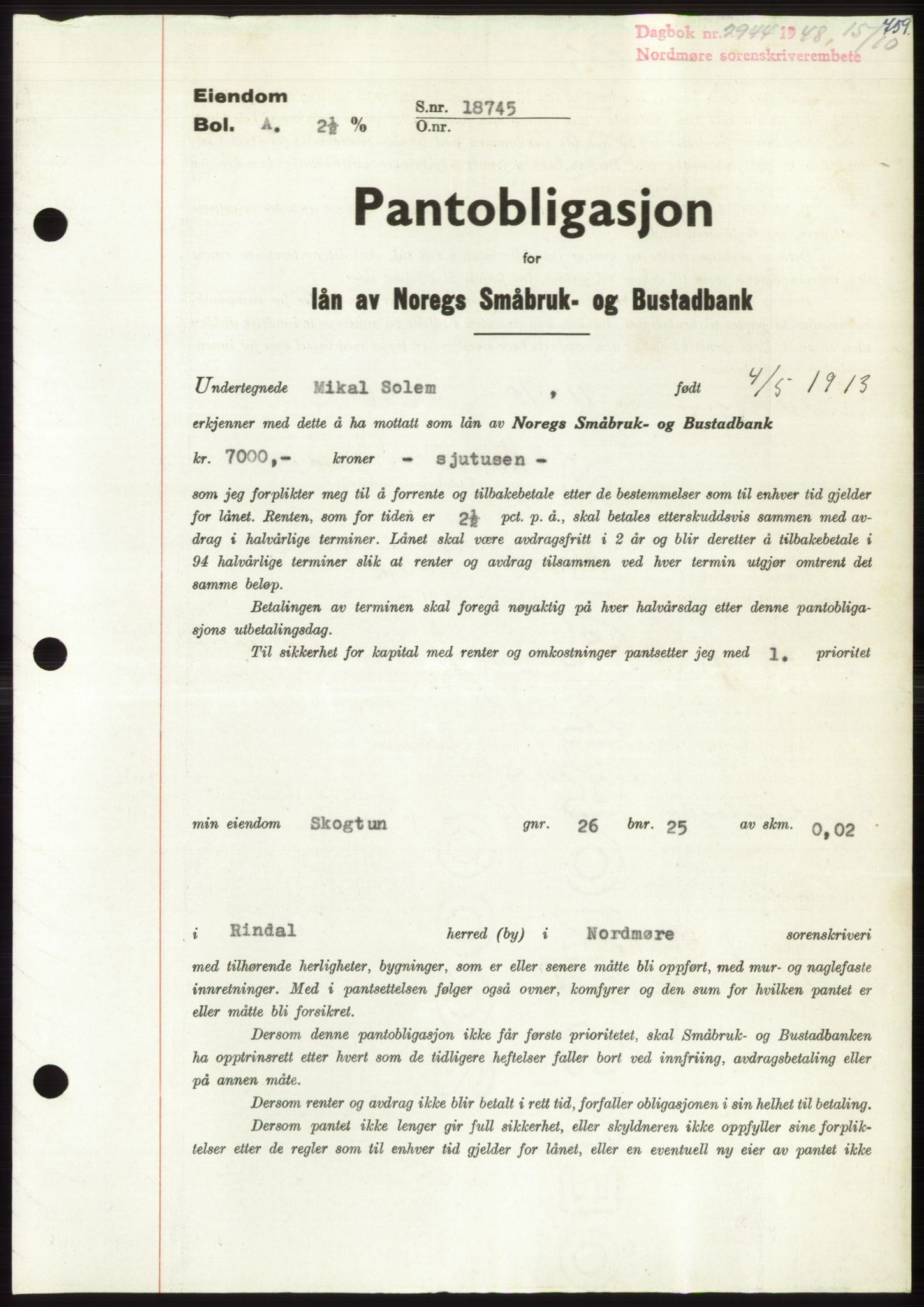 Nordmøre sorenskriveri, SAT/A-4132/1/2/2Ca: Pantebok nr. B99, 1948-1948, Dagboknr: 2944/1948