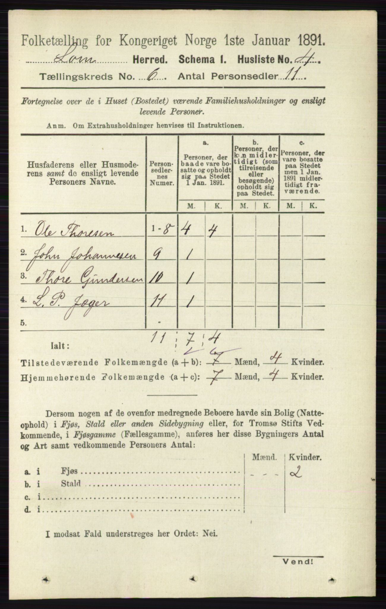 RA, Folketelling 1891 for 0514 Lom herred, 1891, s. 2307