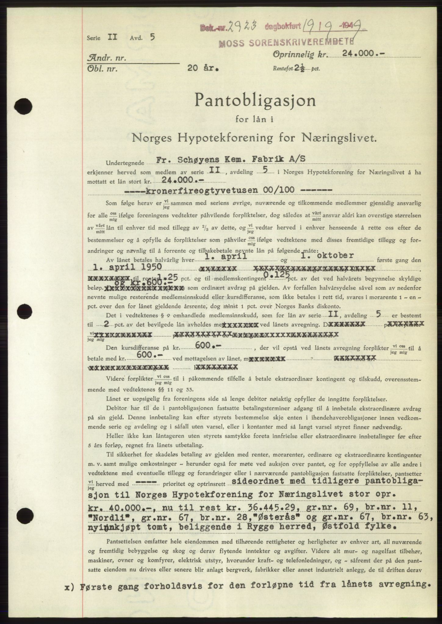 Moss sorenskriveri, SAO/A-10168: Pantebok nr. B22, 1949-1949, Dagboknr: 2923/1949