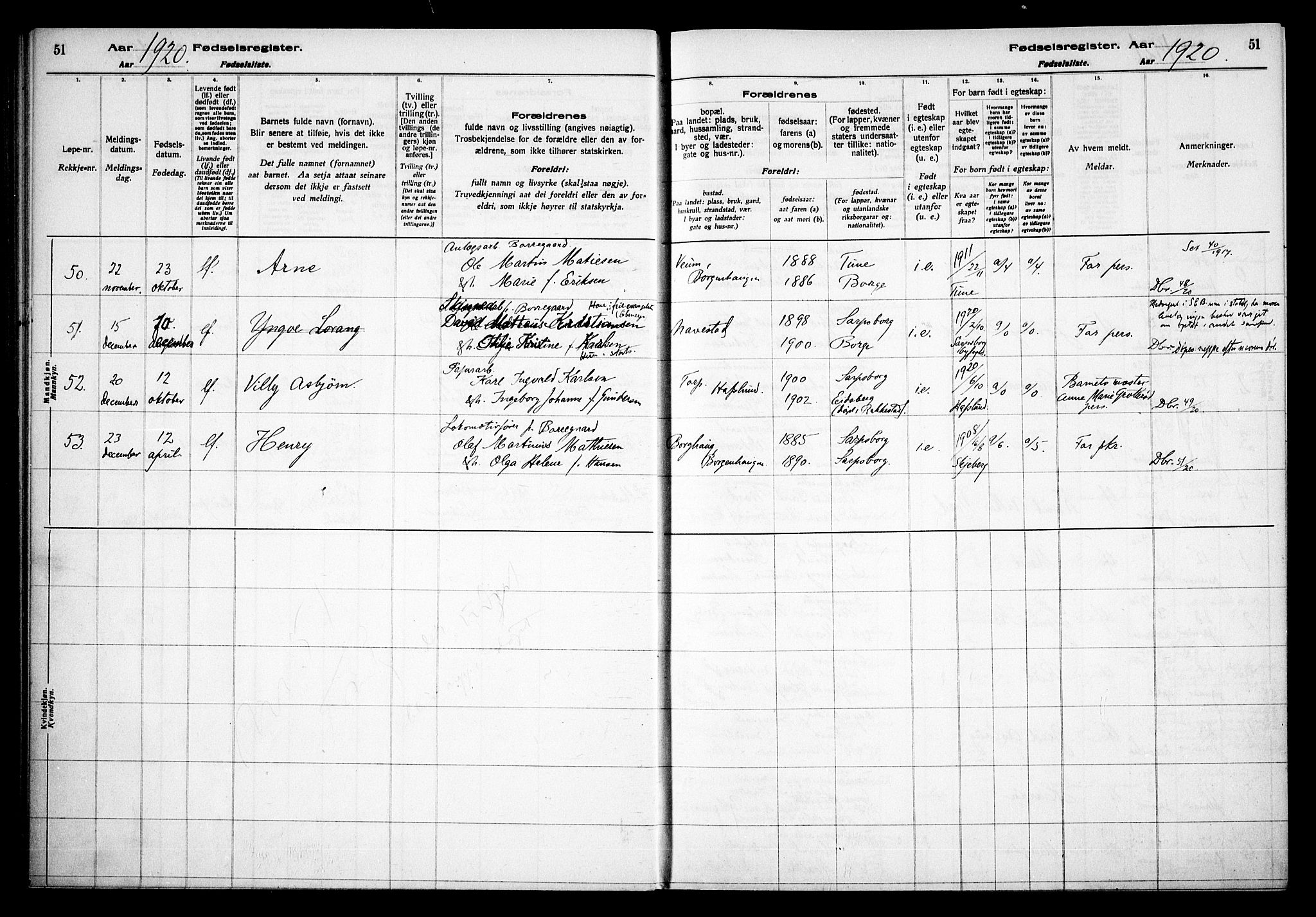 Skjeberg prestekontor Kirkebøker, AV/SAO-A-10923/J/Jd/L0001: Fødselsregister nr. IV 1, 1916-1935, s. 51