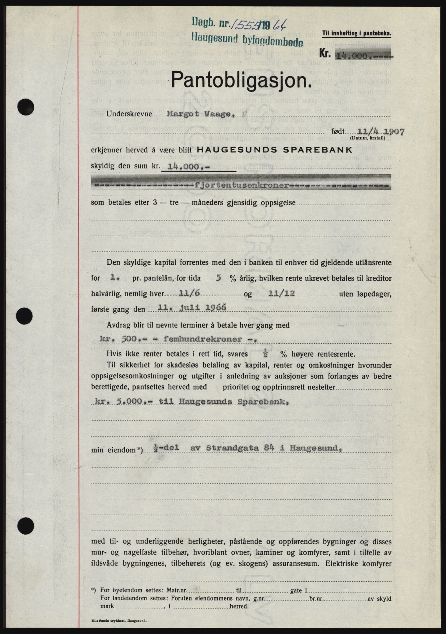 Haugesund tingrett, SAST/A-101415/01/II/IIC/L0055: Pantebok nr. B 55, 1966-1966, Dagboknr: 1555/1966