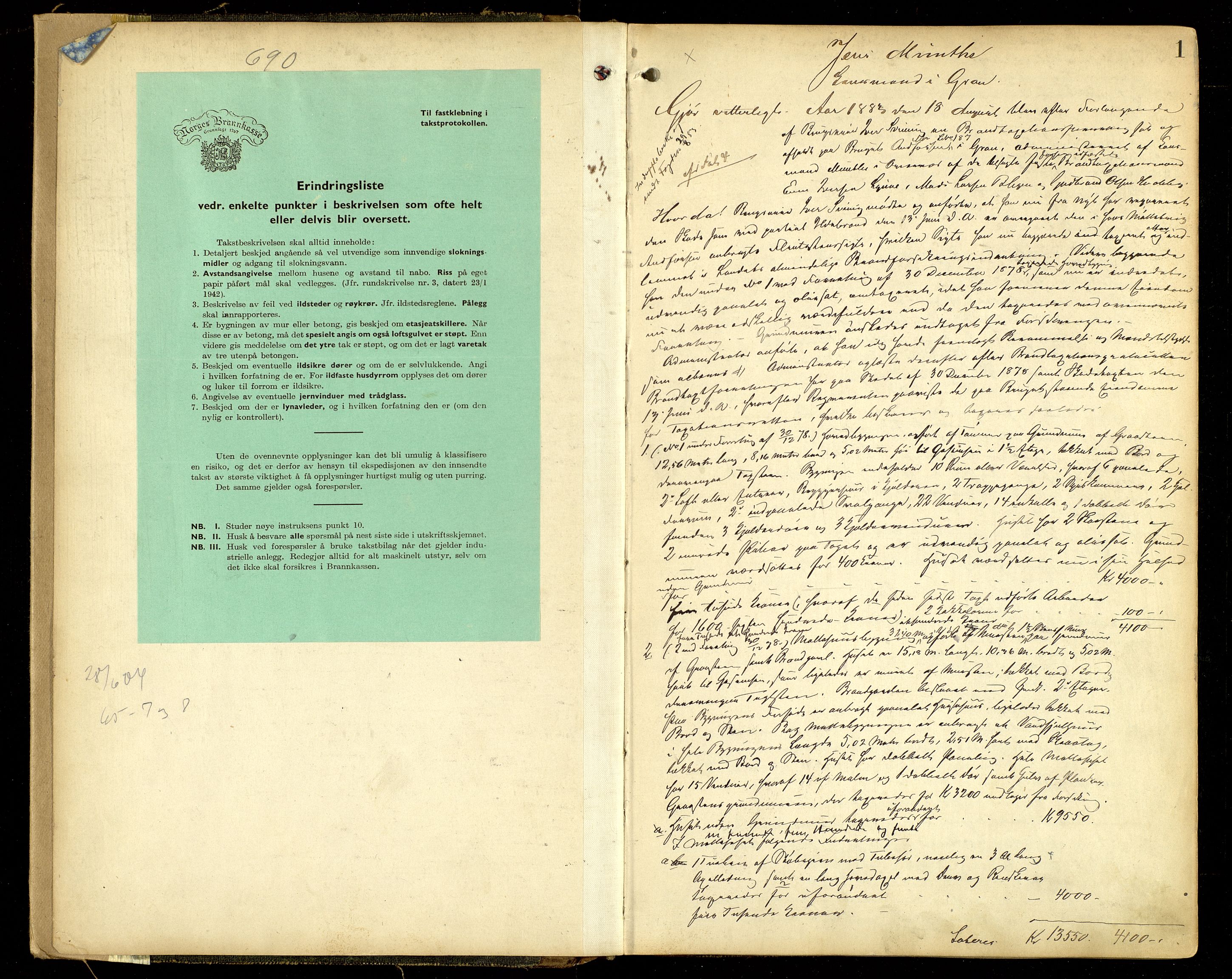 Norges Brannkasse, Brandbu, AV/SAH-NBRANB-051/F/L0001: Branntakstprotokoll, 1883-1946