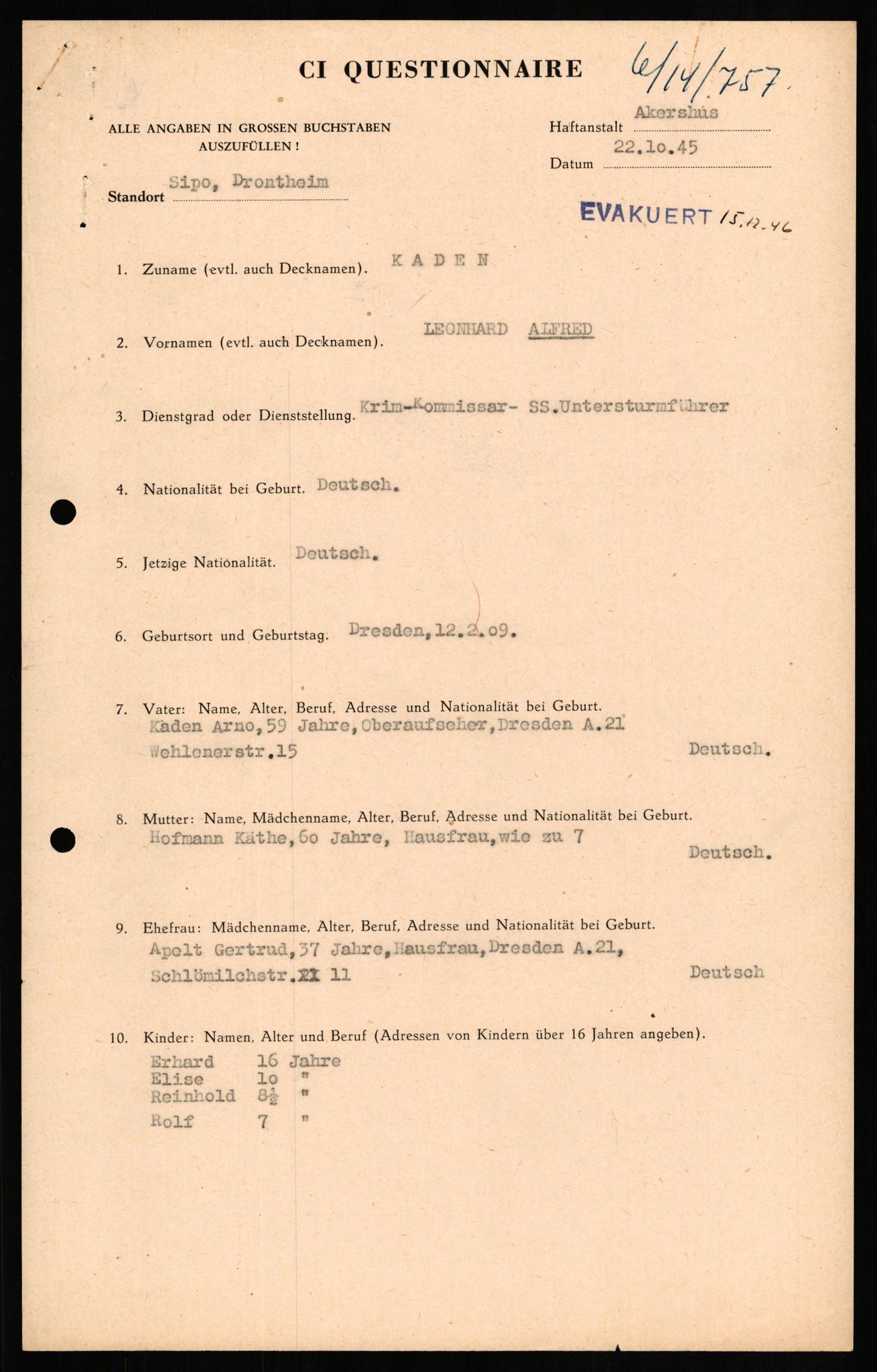 Forsvaret, Forsvarets overkommando II, AV/RA-RAFA-3915/D/Db/L0015: CI Questionaires. Tyske okkupasjonsstyrker i Norge. Tyskere., 1945-1946, s. 282