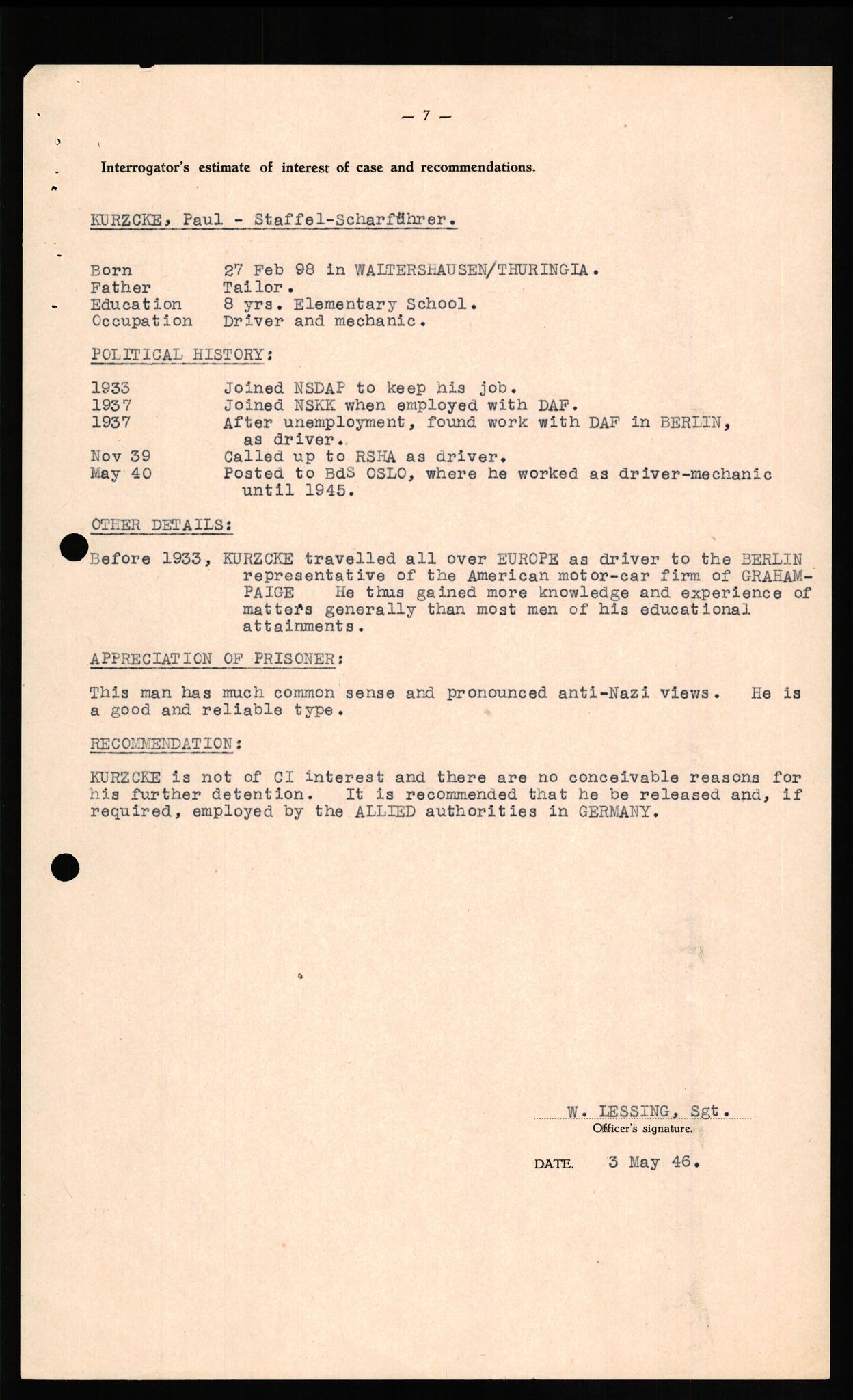 Forsvaret, Forsvarets overkommando II, AV/RA-RAFA-3915/D/Db/L0018: CI Questionaires. Tyske okkupasjonsstyrker i Norge. Tyskere., 1945-1946, s. 520