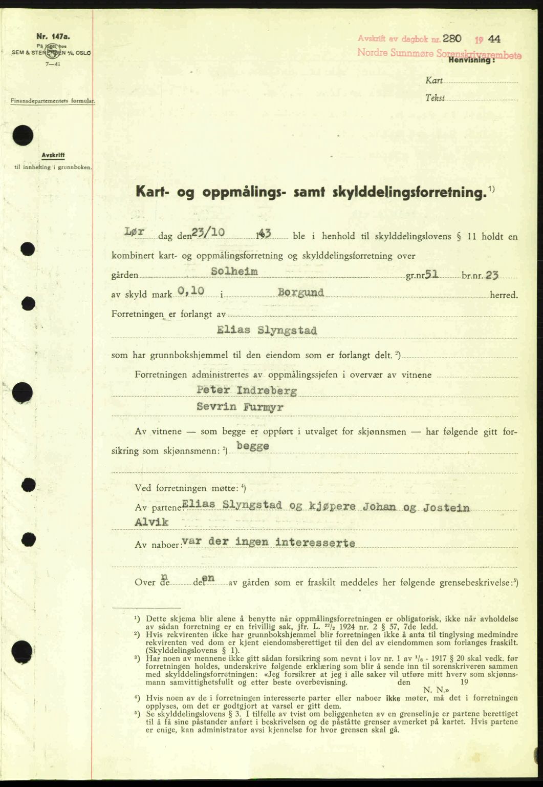 Nordre Sunnmøre sorenskriveri, AV/SAT-A-0006/1/2/2C/2Ca: Pantebok nr. A17, 1943-1944, Dagboknr: 280/1944