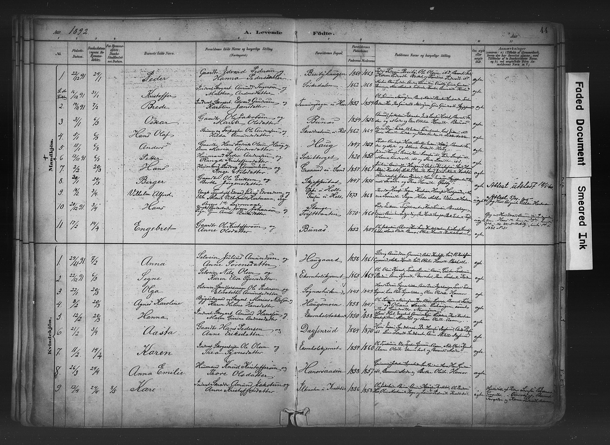 Nord-Odal prestekontor, AV/SAH-PREST-032/H/Ha/Haa/L0006: Ministerialbok nr. 6, 1886-1901, s. 44