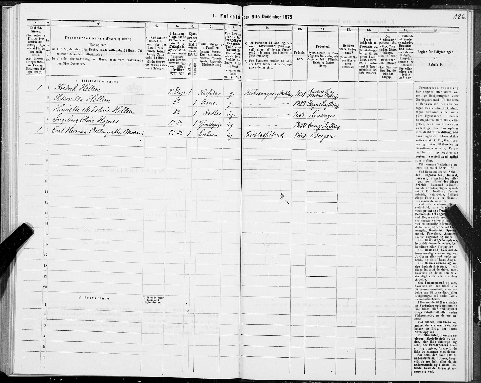 SAT, Folketelling 1875 for 1701B Levanger prestegjeld, Levanger kjøpstad, 1875, s. 186